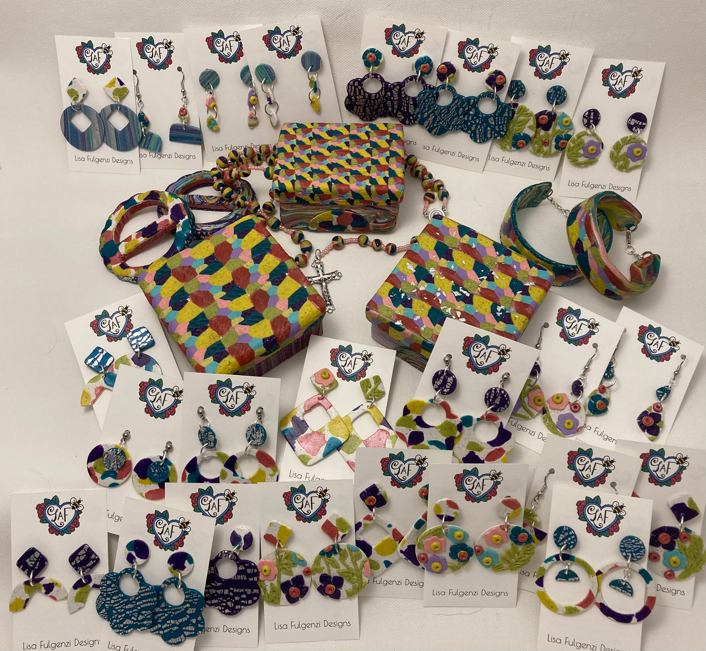 Terrazzo Circle and Turquoise Foil Leaf Dangle Post Earrings