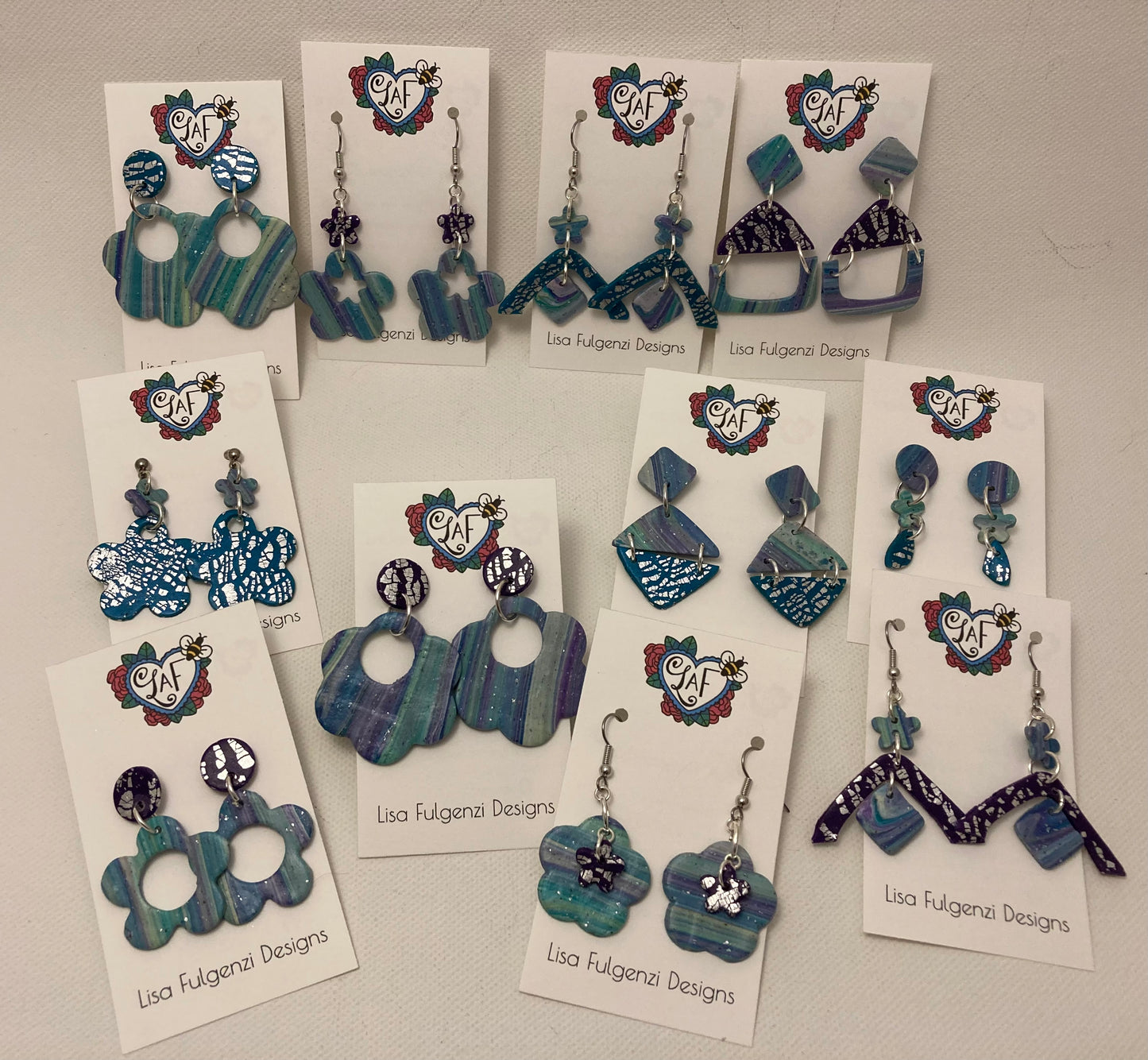 Turquoise Foil Leaf Flowers with Purple and Turquoise Stripes Post Earrings