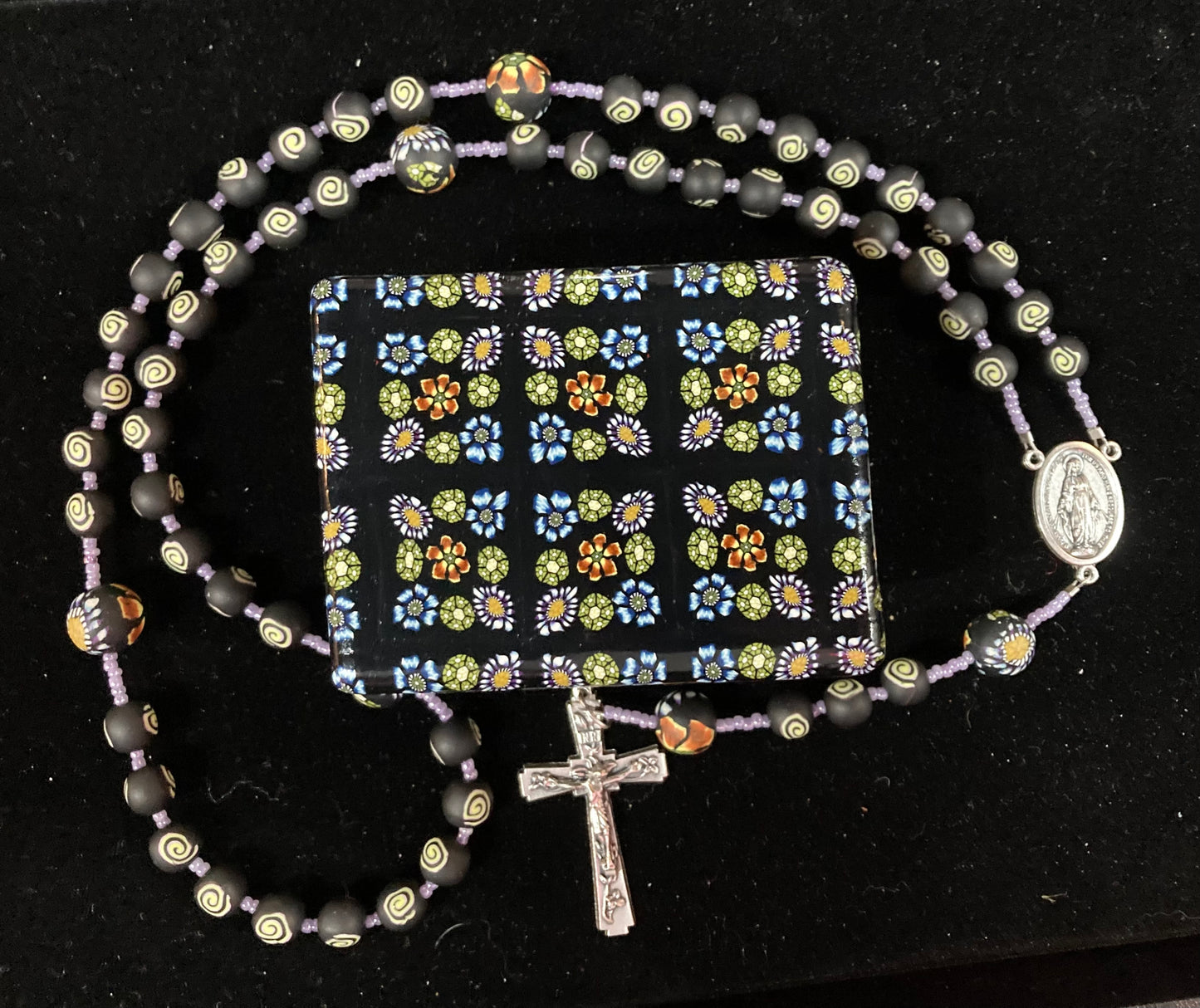 Floral Fabric Squares Rosary and Box Set Purple