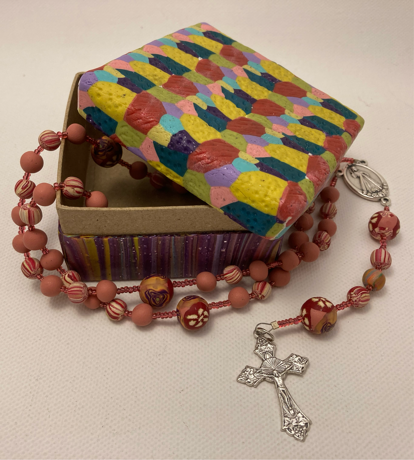 Textured Slab and Purple Stripes Rosary and Box Set