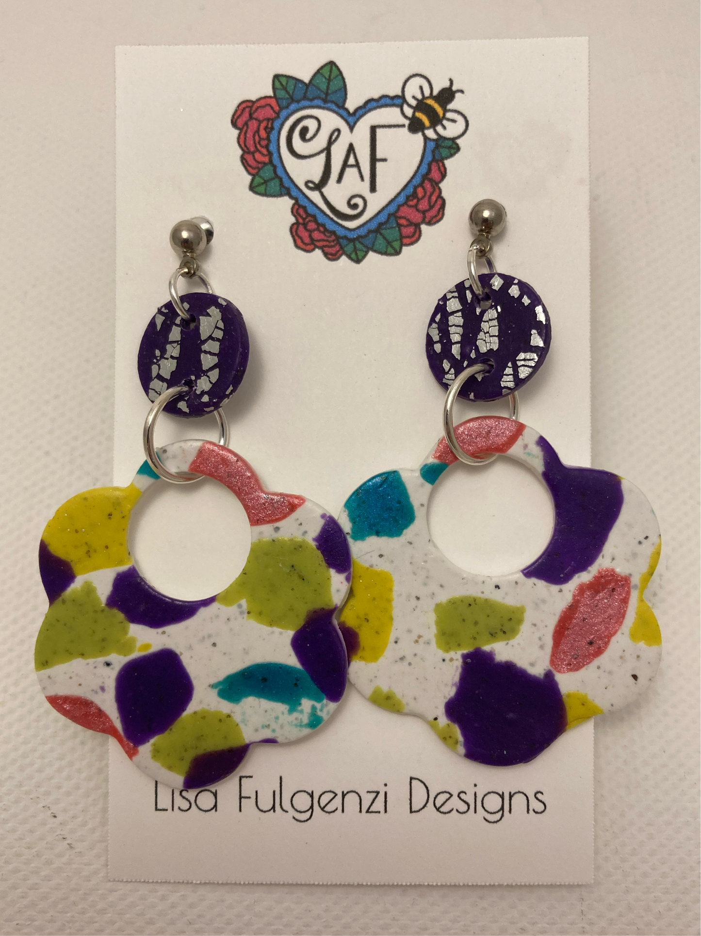 Terrazzo Flower and Purple Foil Leaf Post Earrings