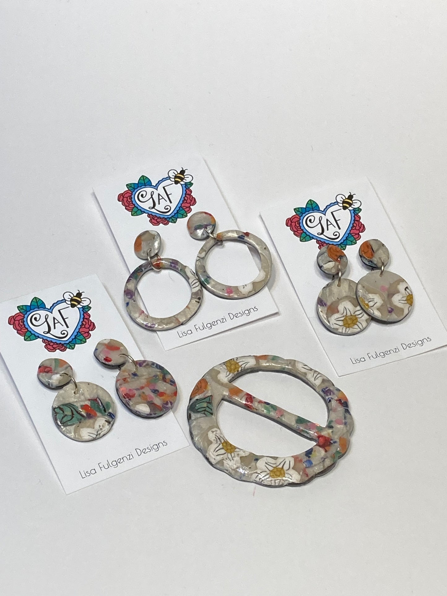 Multicolored Pearl Marble with Floral and Leaf Earrings