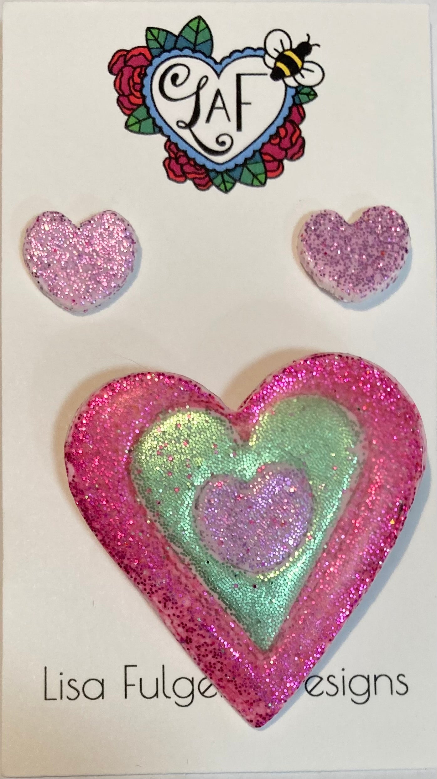 Pink Heart Sparkle Earrings and Brooch