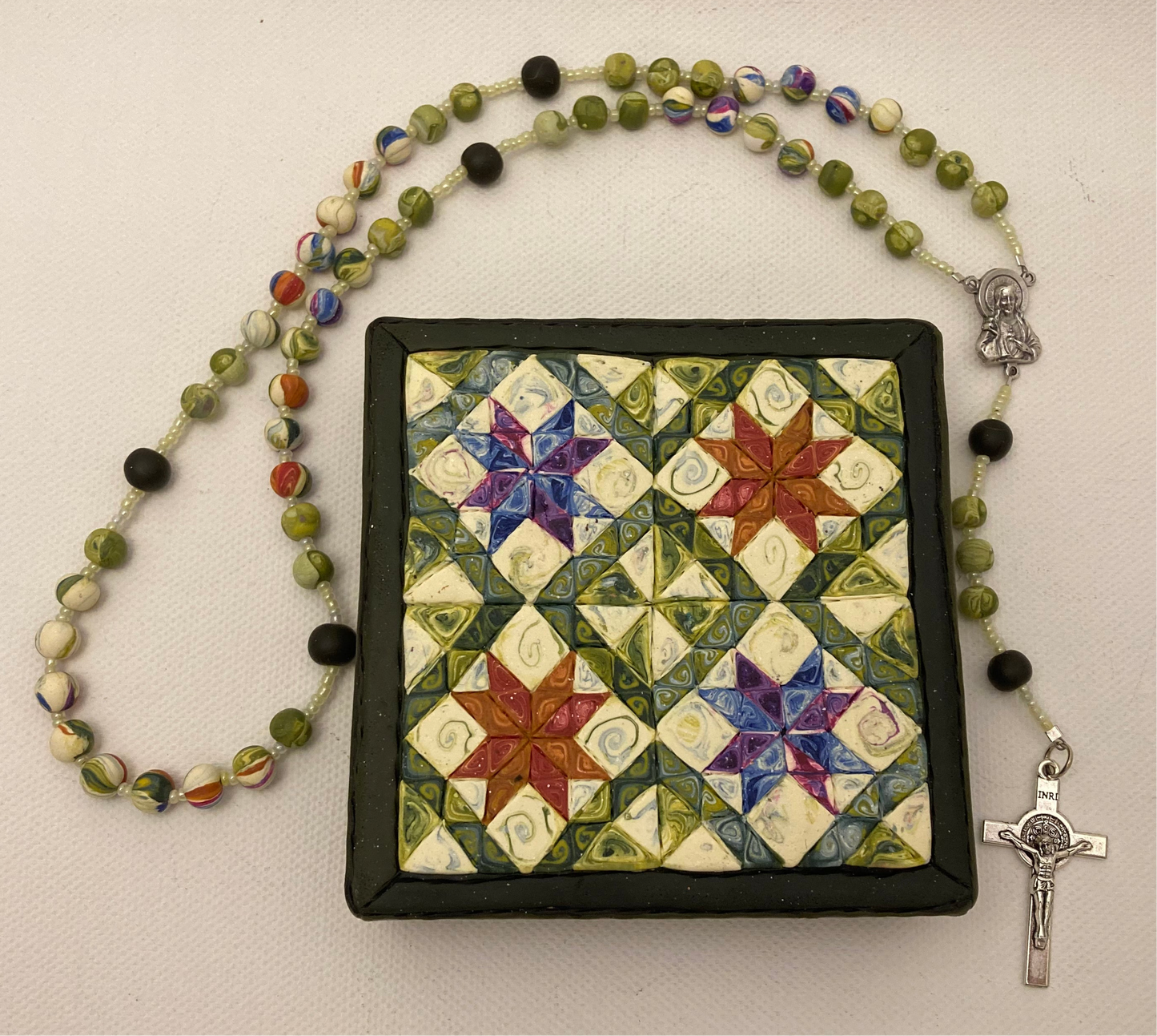All Hallows Quilt Square Box and Rosary Set Green and Orange