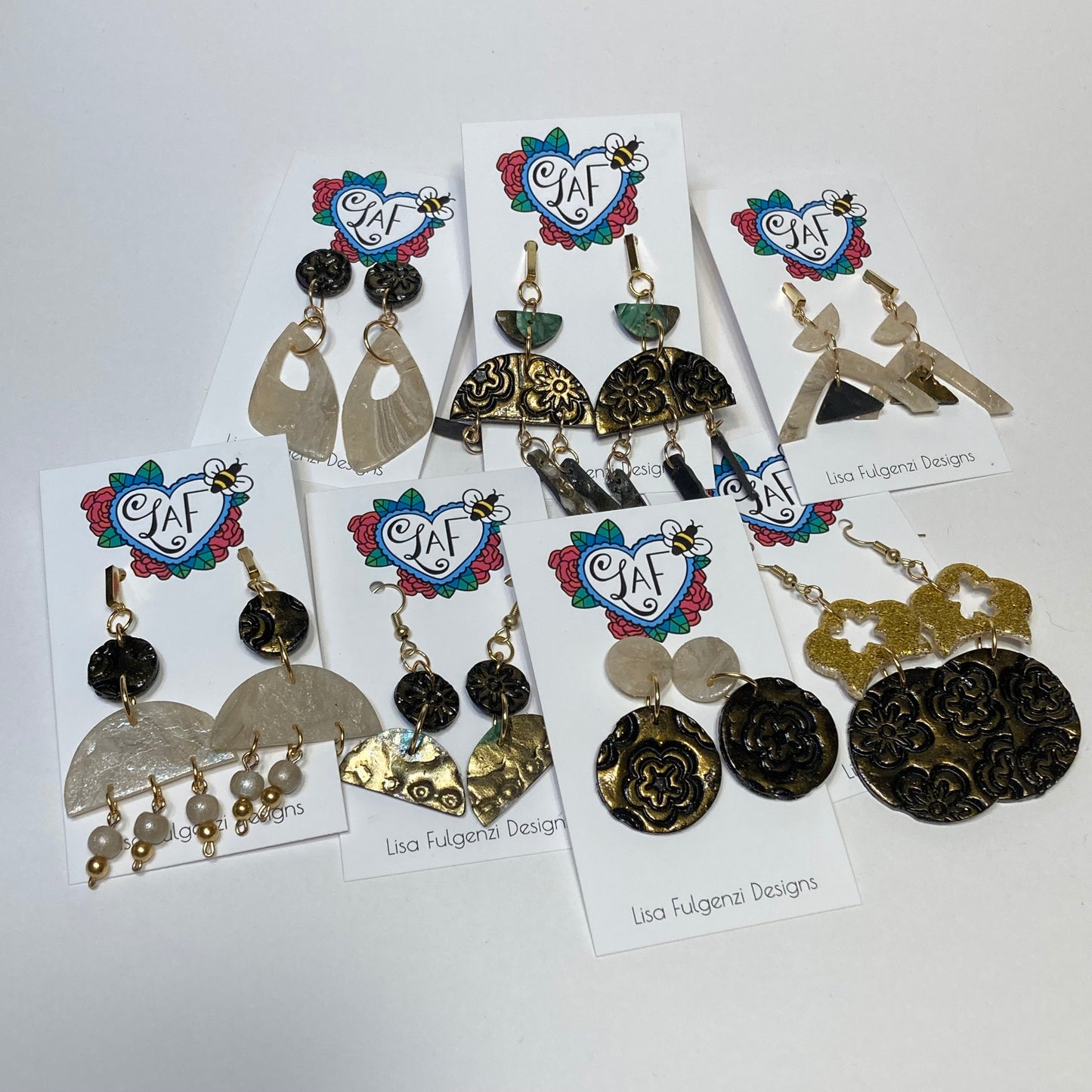Black and Gold Metallic with Ivory Marble Post Earrings