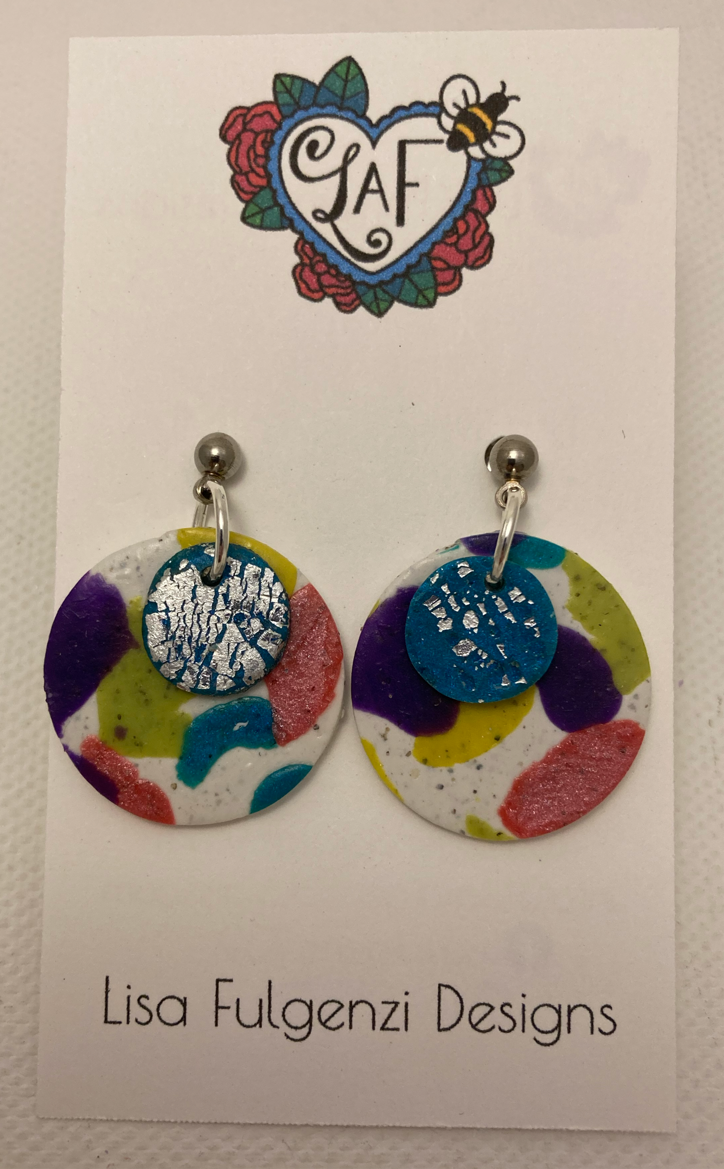 Terrazzo Circle and Turquoise Foil Leaf Dangle Post Earrings