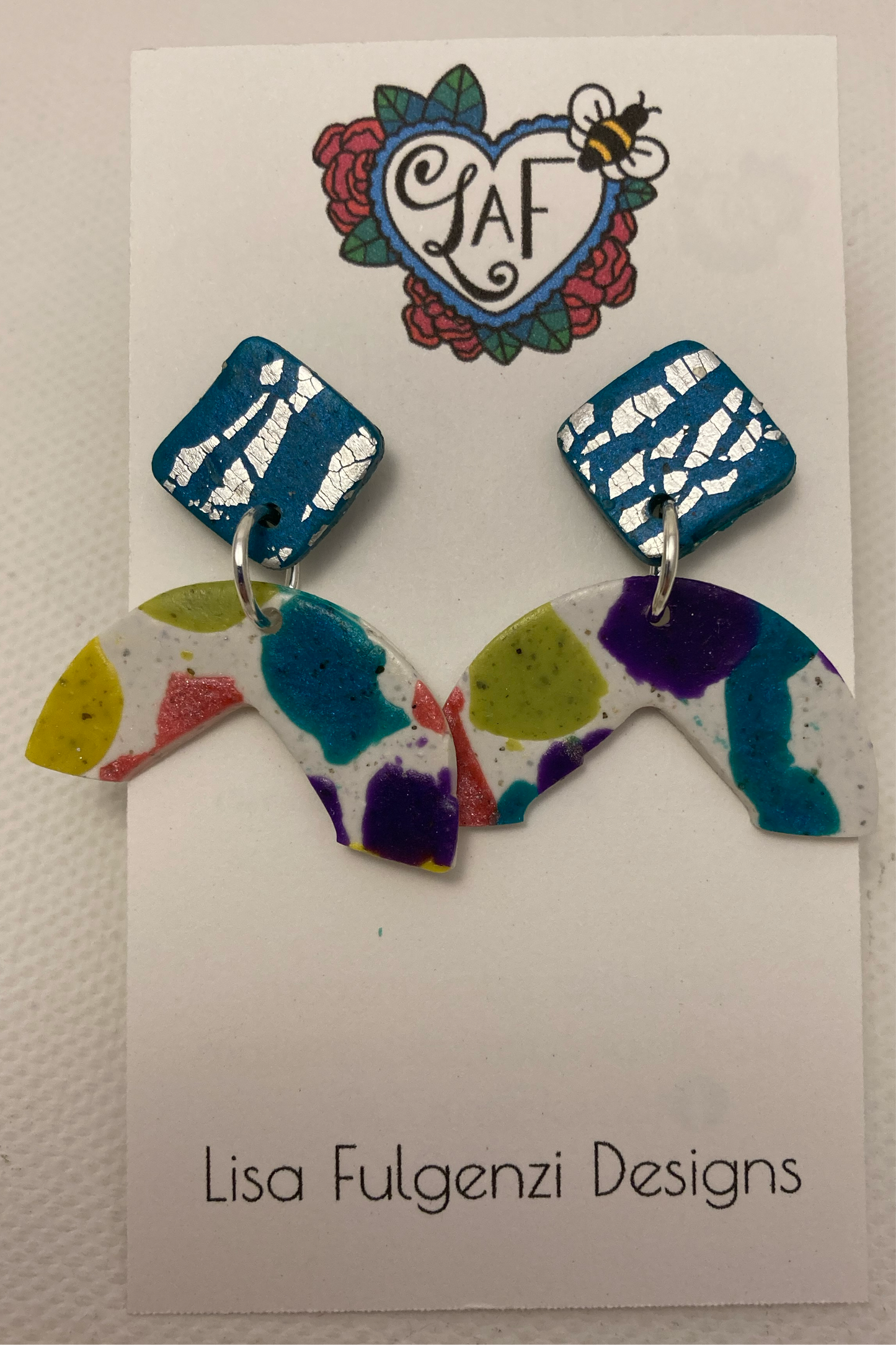 Terrazzo Cutout Half Circle and Turquoise Foil Leaf Post Earrings