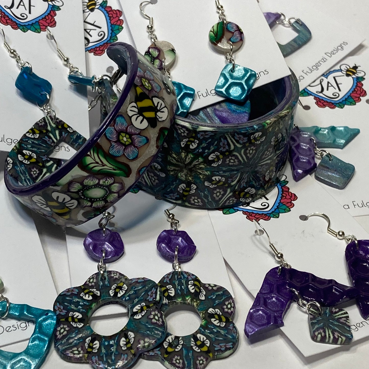 Bee Kaleidoscope and Purple Pearl Drop Earrings