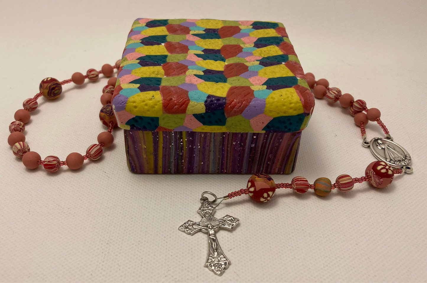 Textured Slab and Purple Stripes Rosary and Box Set