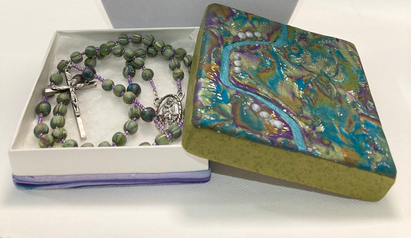Beautiful Broken Hearts Teal River and Silver Accents Box and Rosary Set