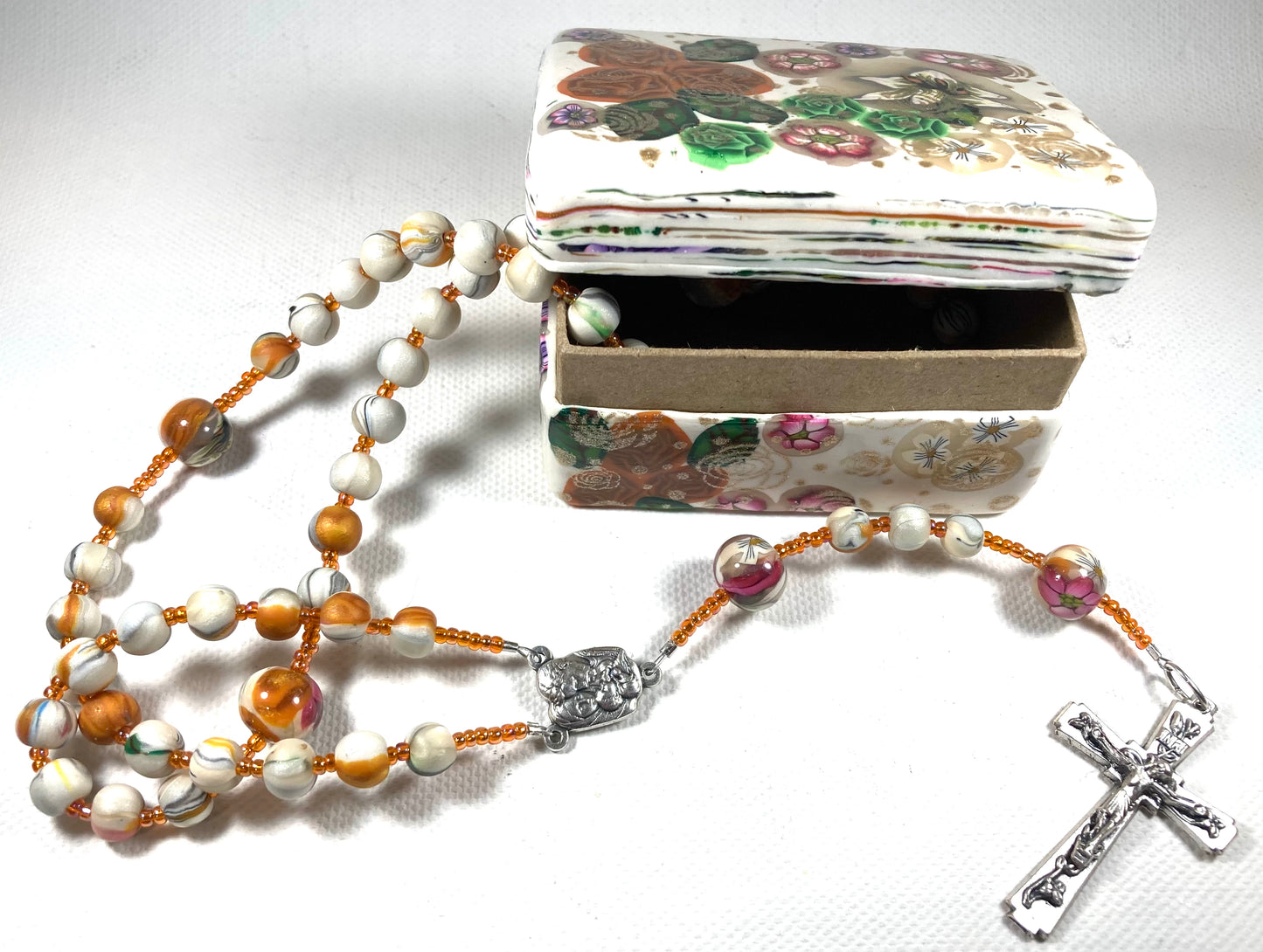 Orange and Green Roses and Lilly on Pearl Rosary and Box Set