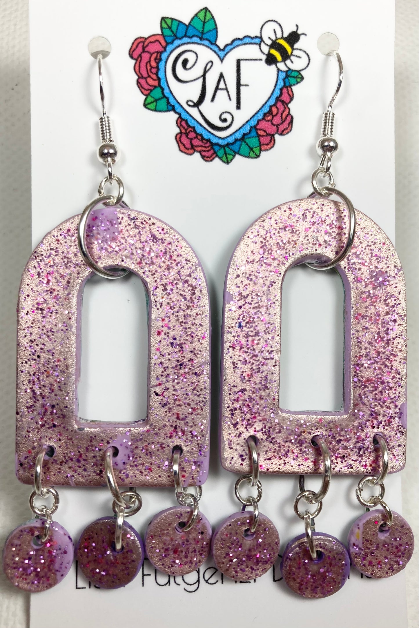 Lavender Foil and Glitter Geometric Drop Earrings with Foil Dangles