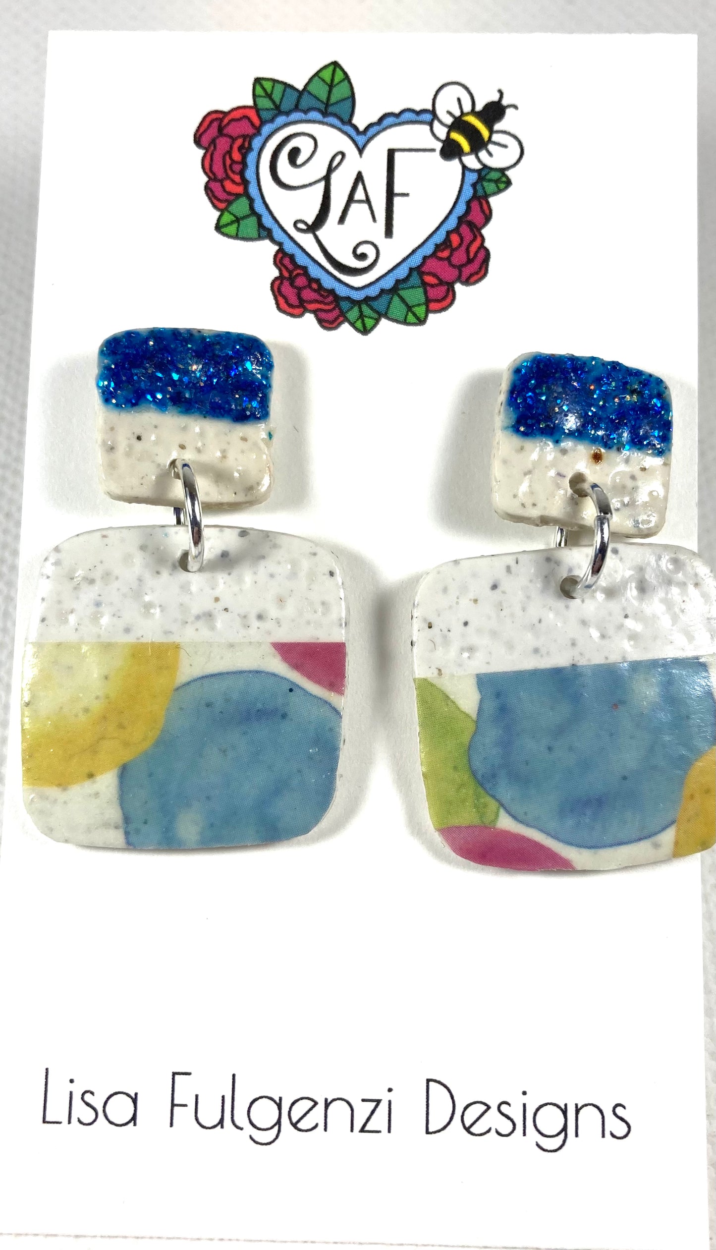 Washi Tape and Glitter Square Post Earrings Blue