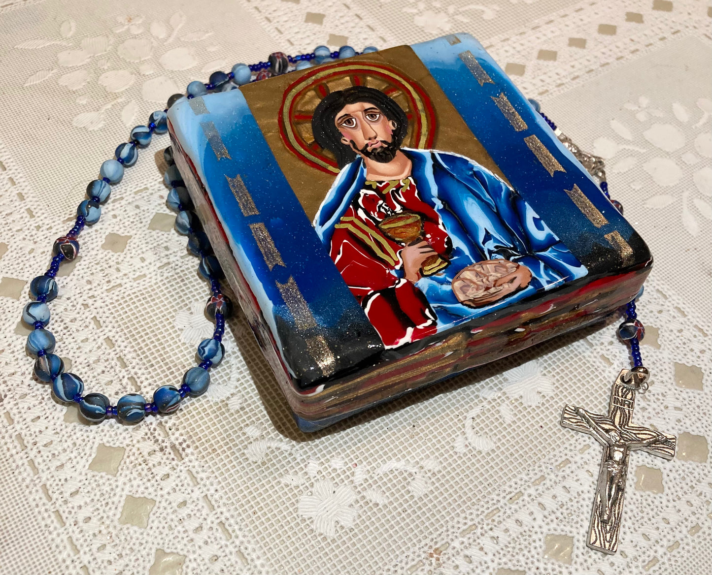 "Do This in Memory of Me" Iconic Image Rosary and Box Set Blue