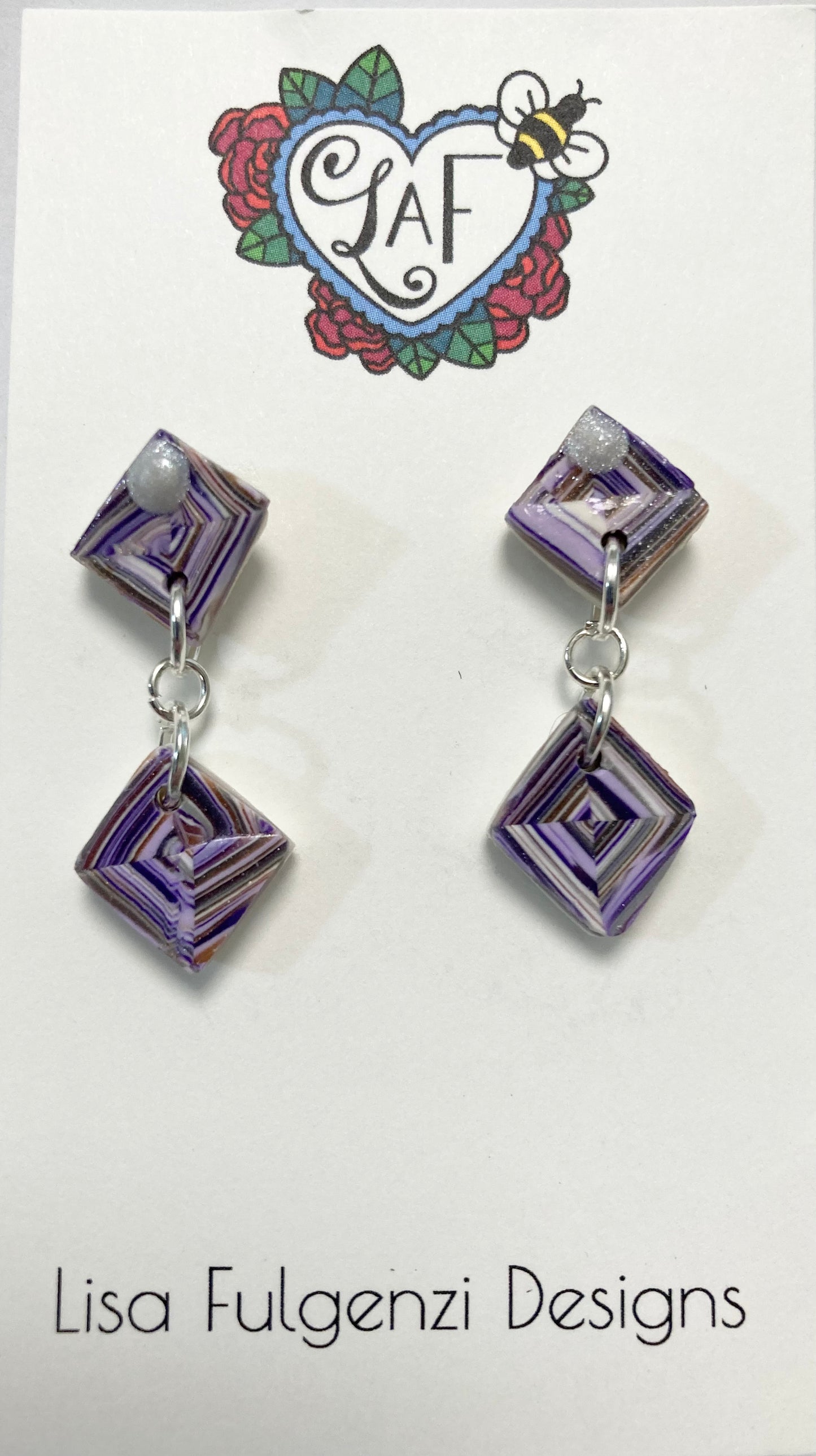 Lavender Quilt Square Small Post Earrings with Liquid Polymer Clay Accent