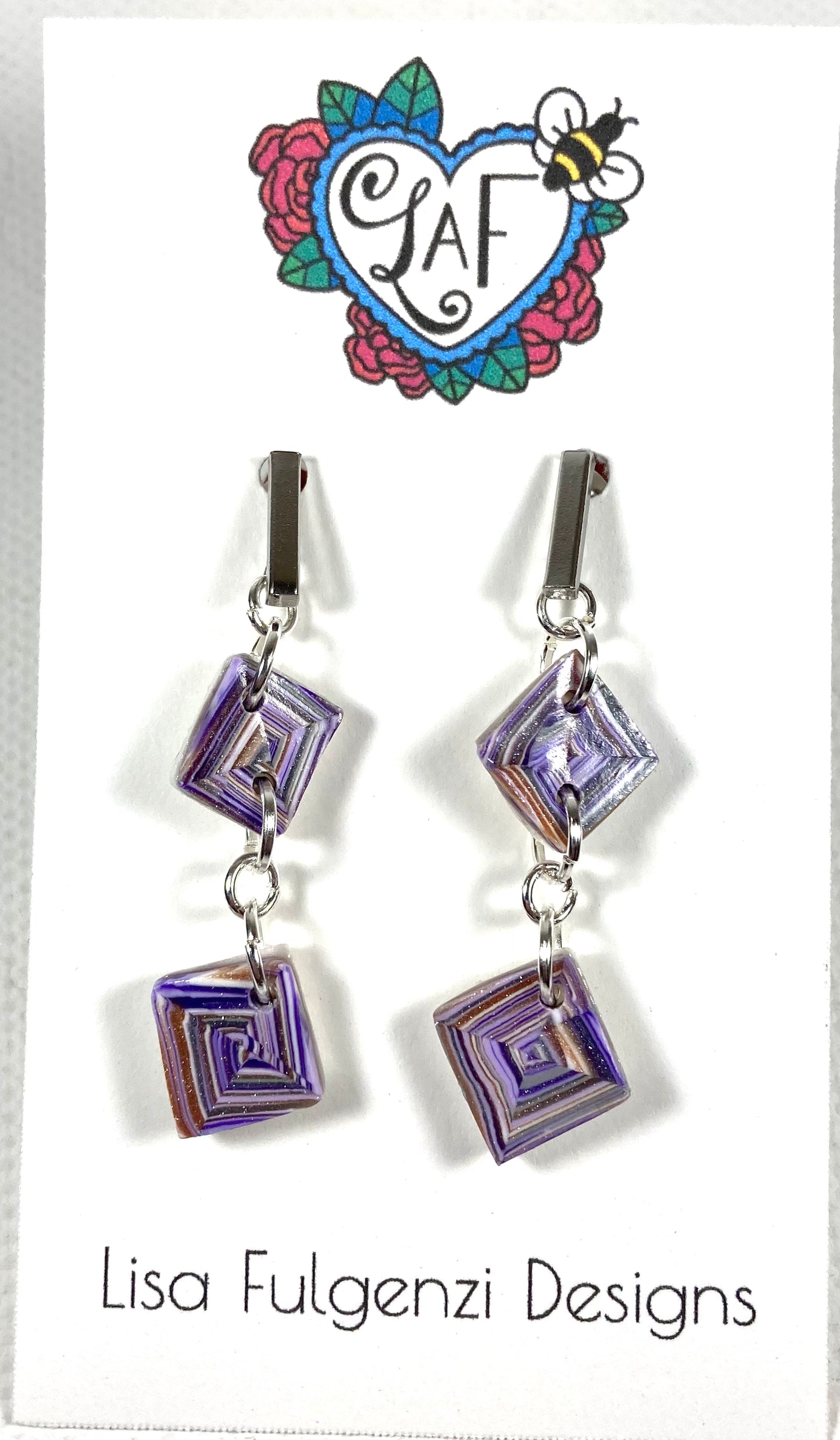 Lavender Quilt Square Small Post Dangle Earrings