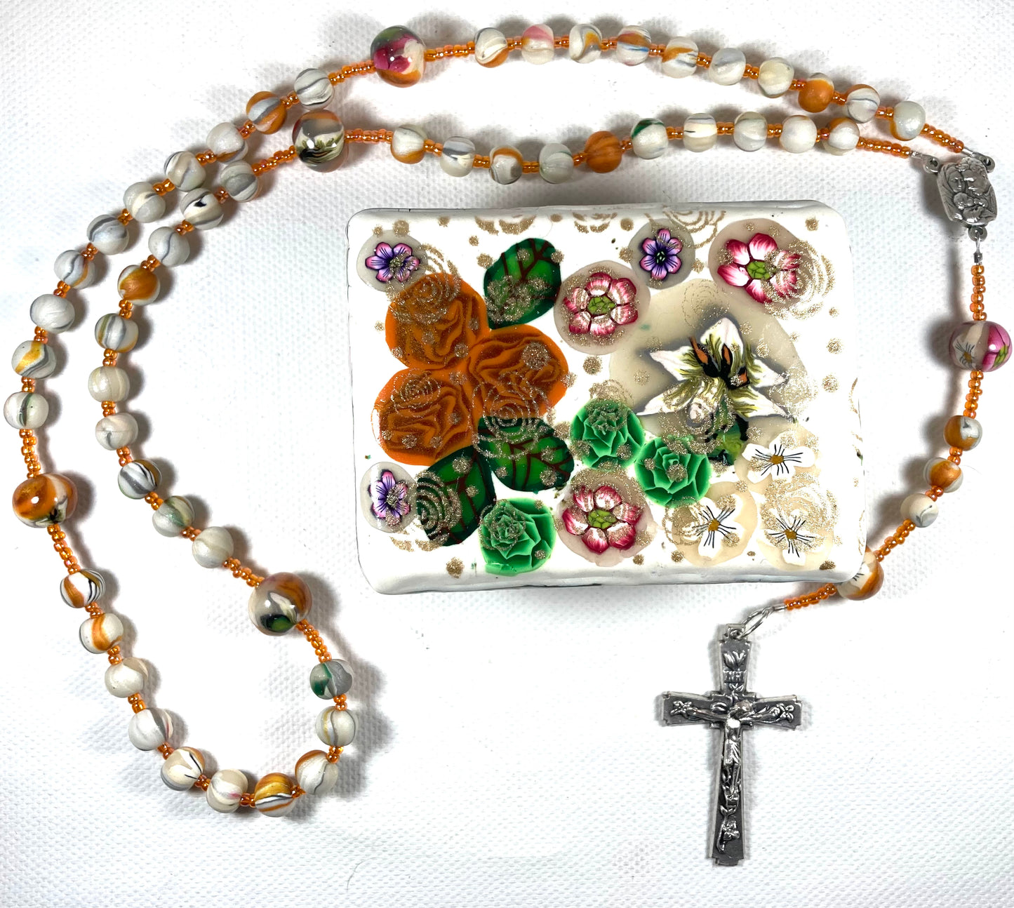 Orange and Green Roses and Lilly on Pearl Rosary and Box Set