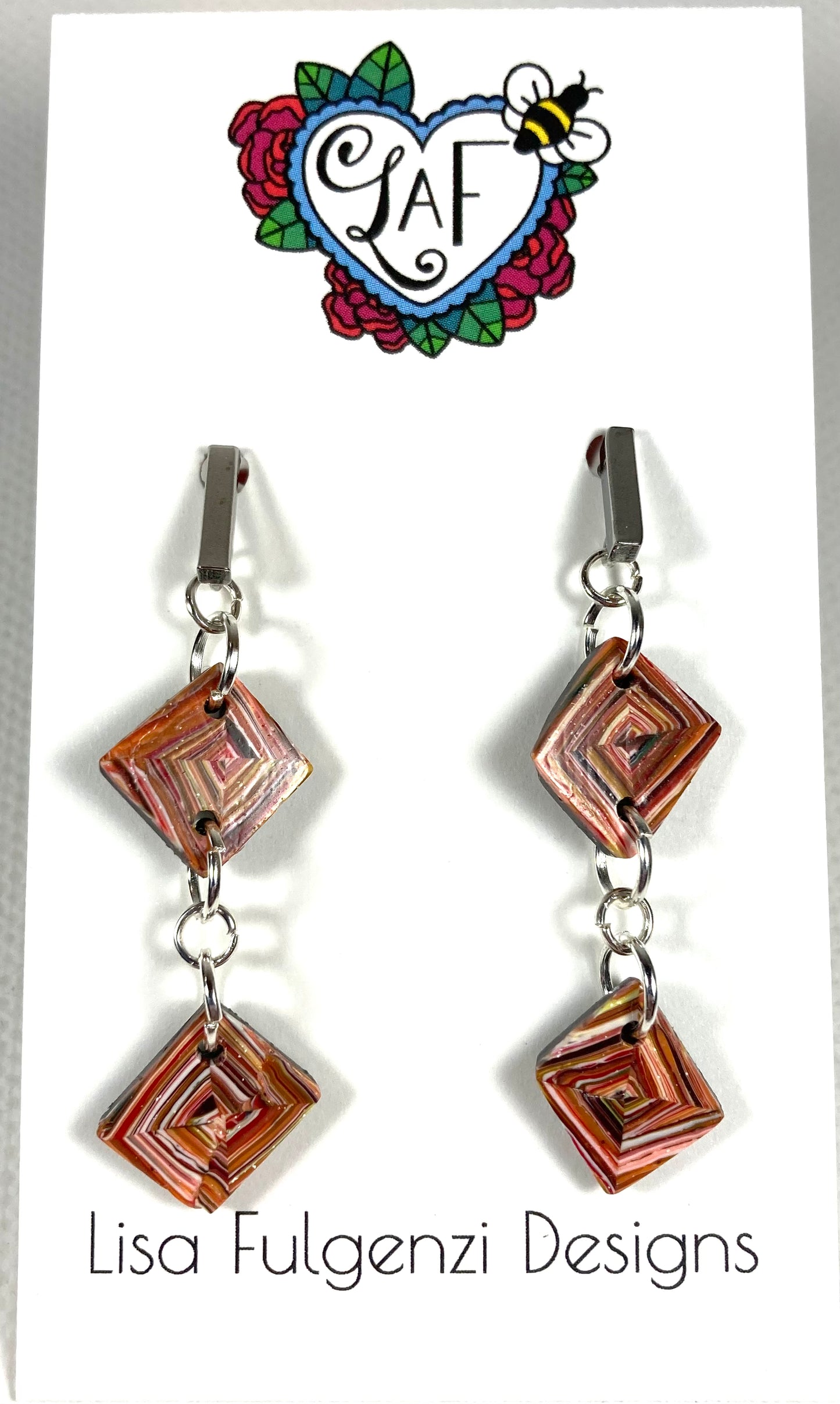 Orange Quilt Square Small Post Dangle Earrings