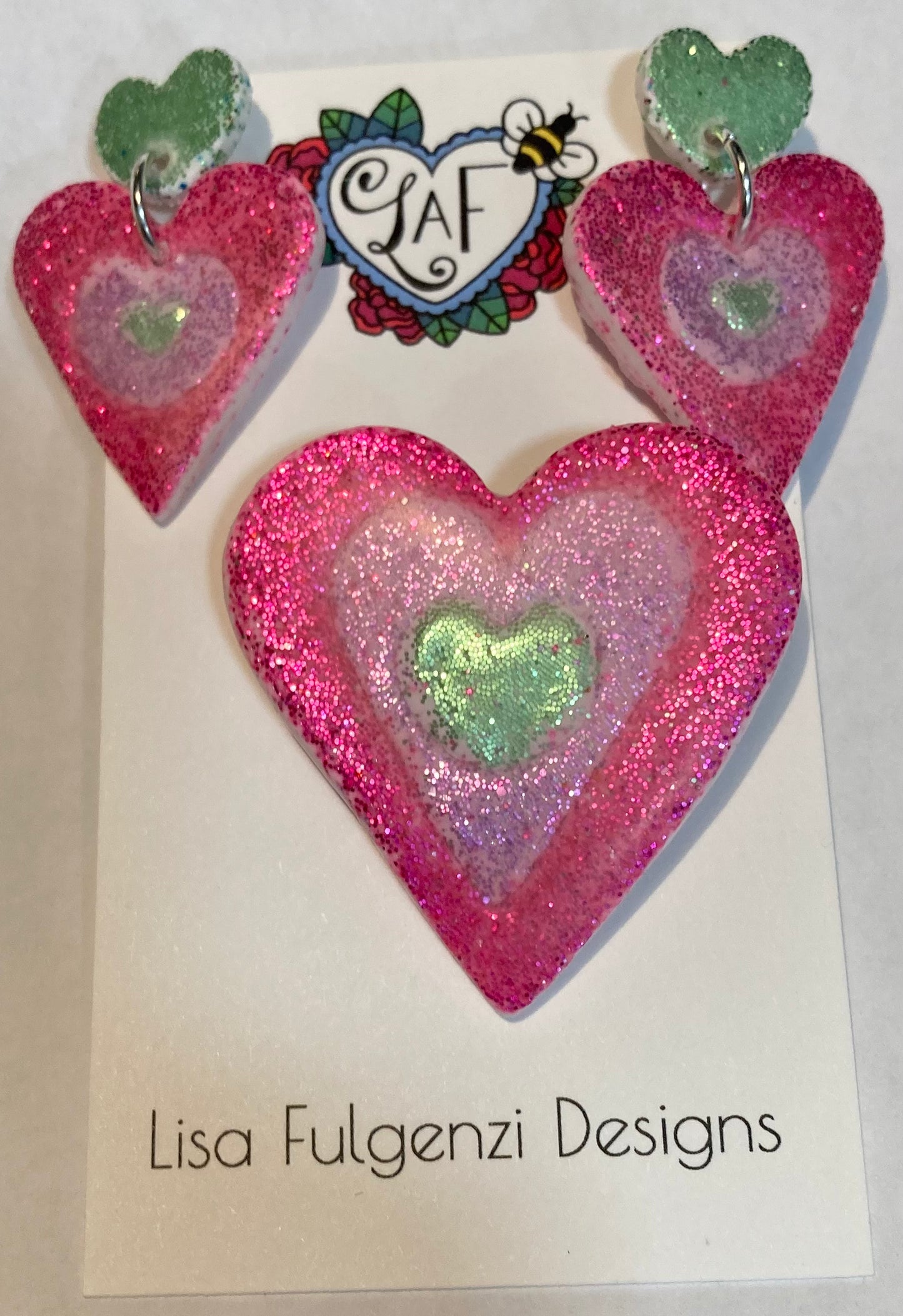 Pink and Green Heart Sparkle Earrings and Brooch Set