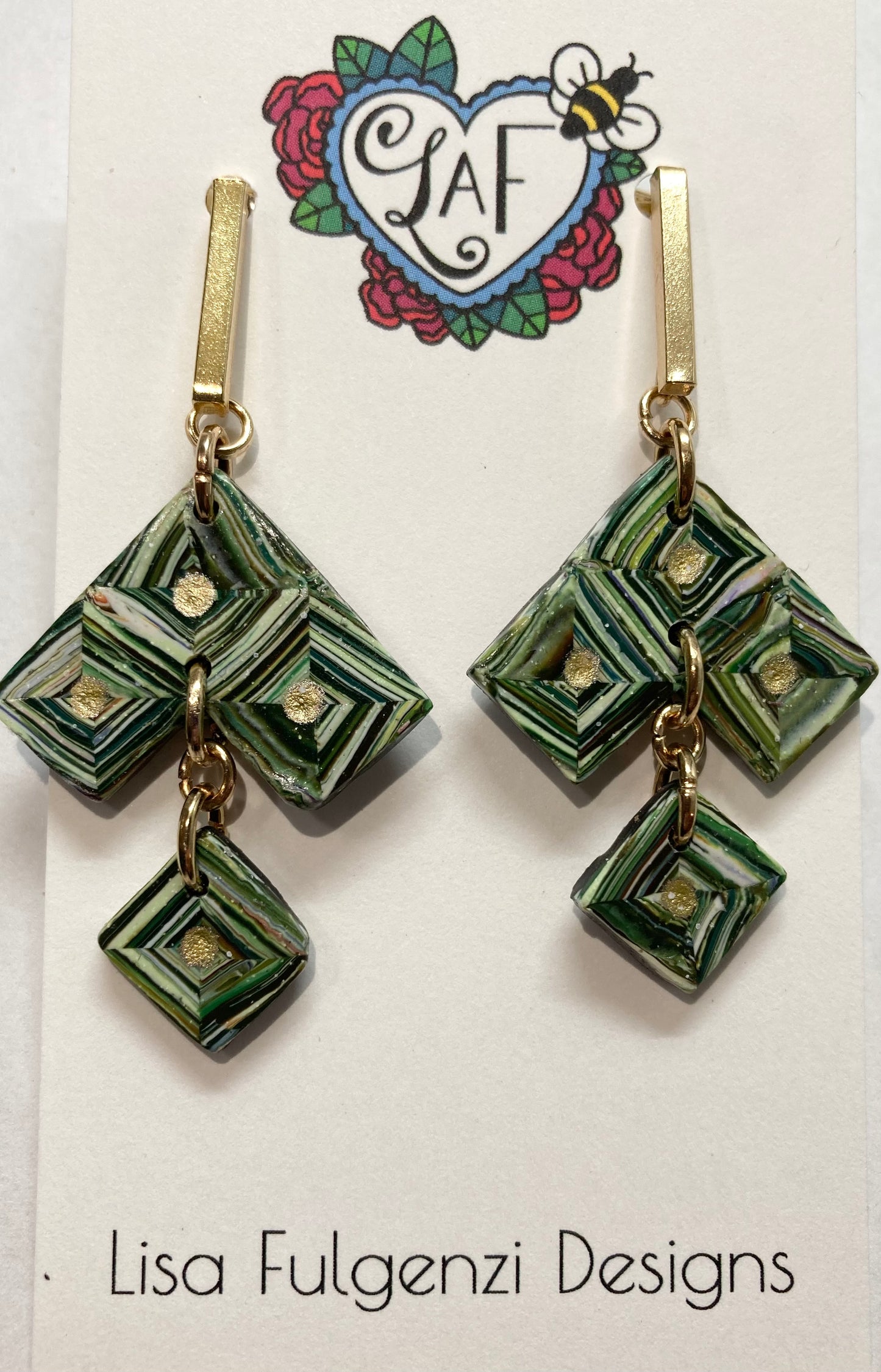 Green and Gold Quilt Square Earrings