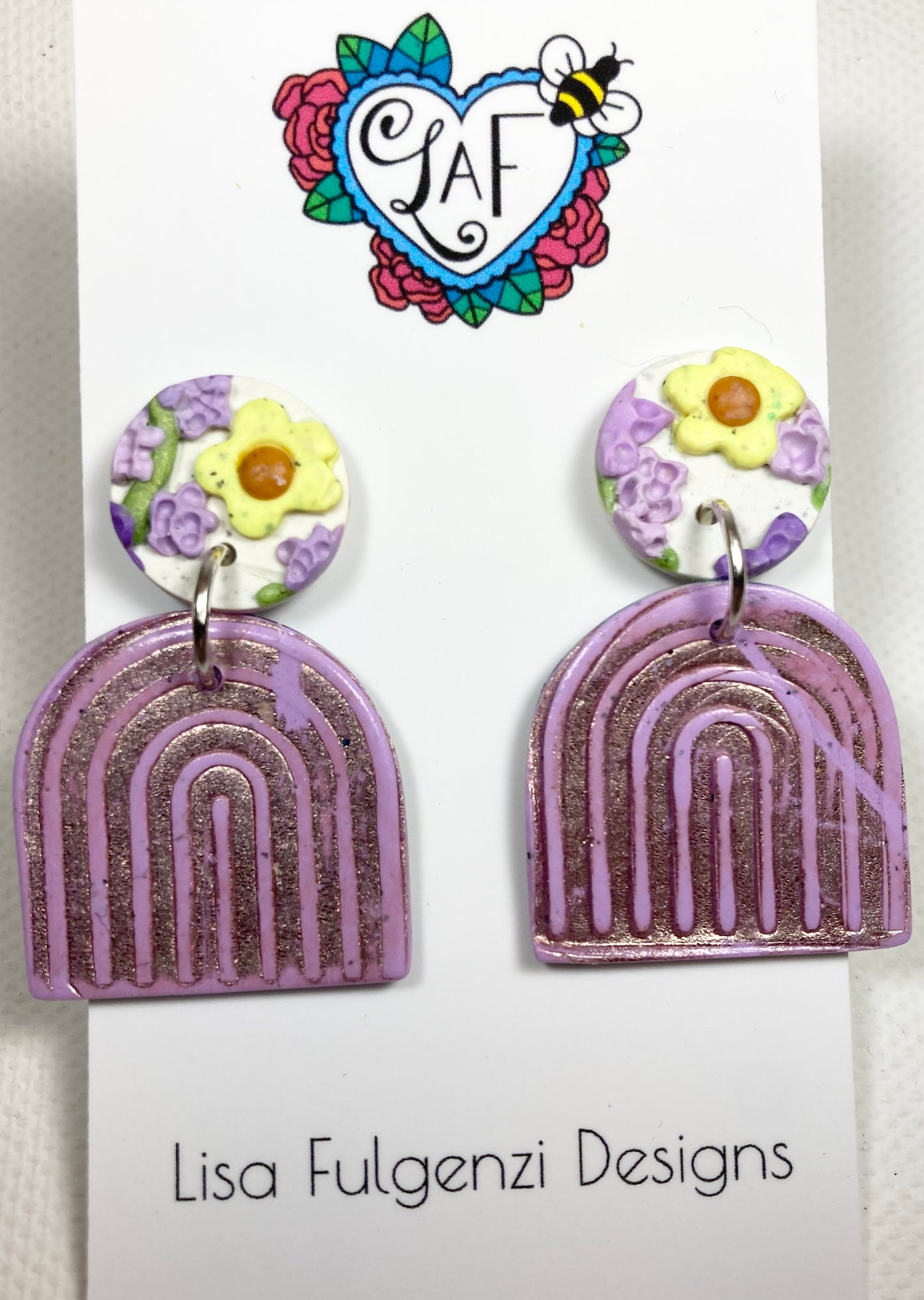 Lavender and Yellow Flower with Foil Pink Rainbow Shape Post Earrings