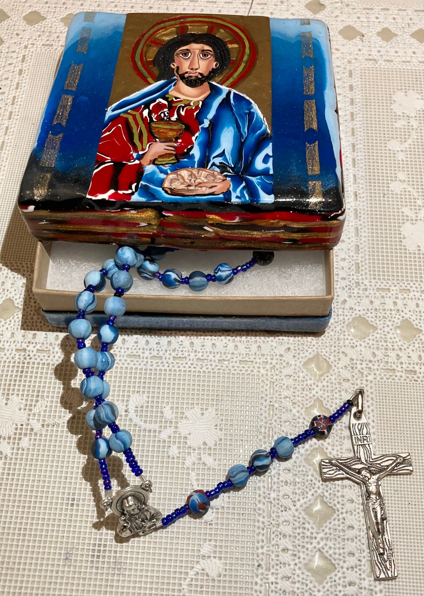 "Do This in Memory of Me" Iconic Image Rosary and Box Set Blue