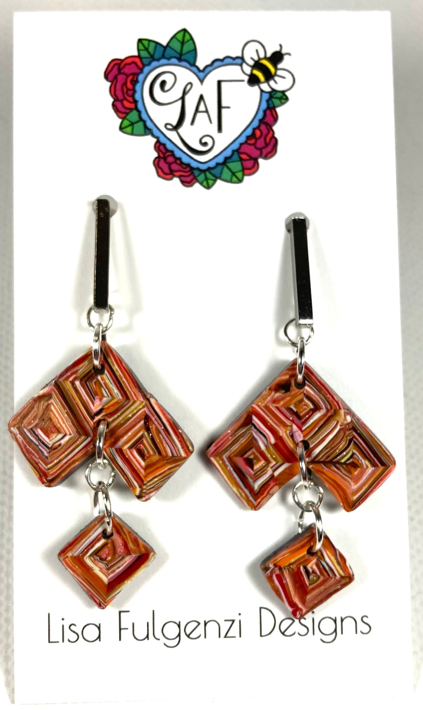 Orange Quilt Square Post Dangle Earrings