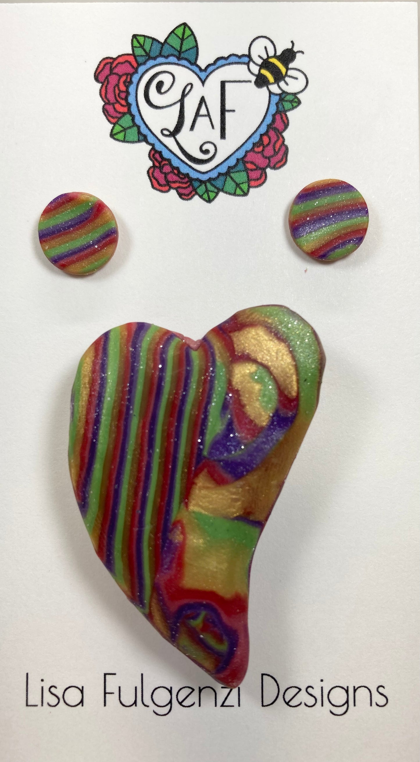 Holiday Vintage Colors Offset Heart Brooch and Striped Stud Earrings Set