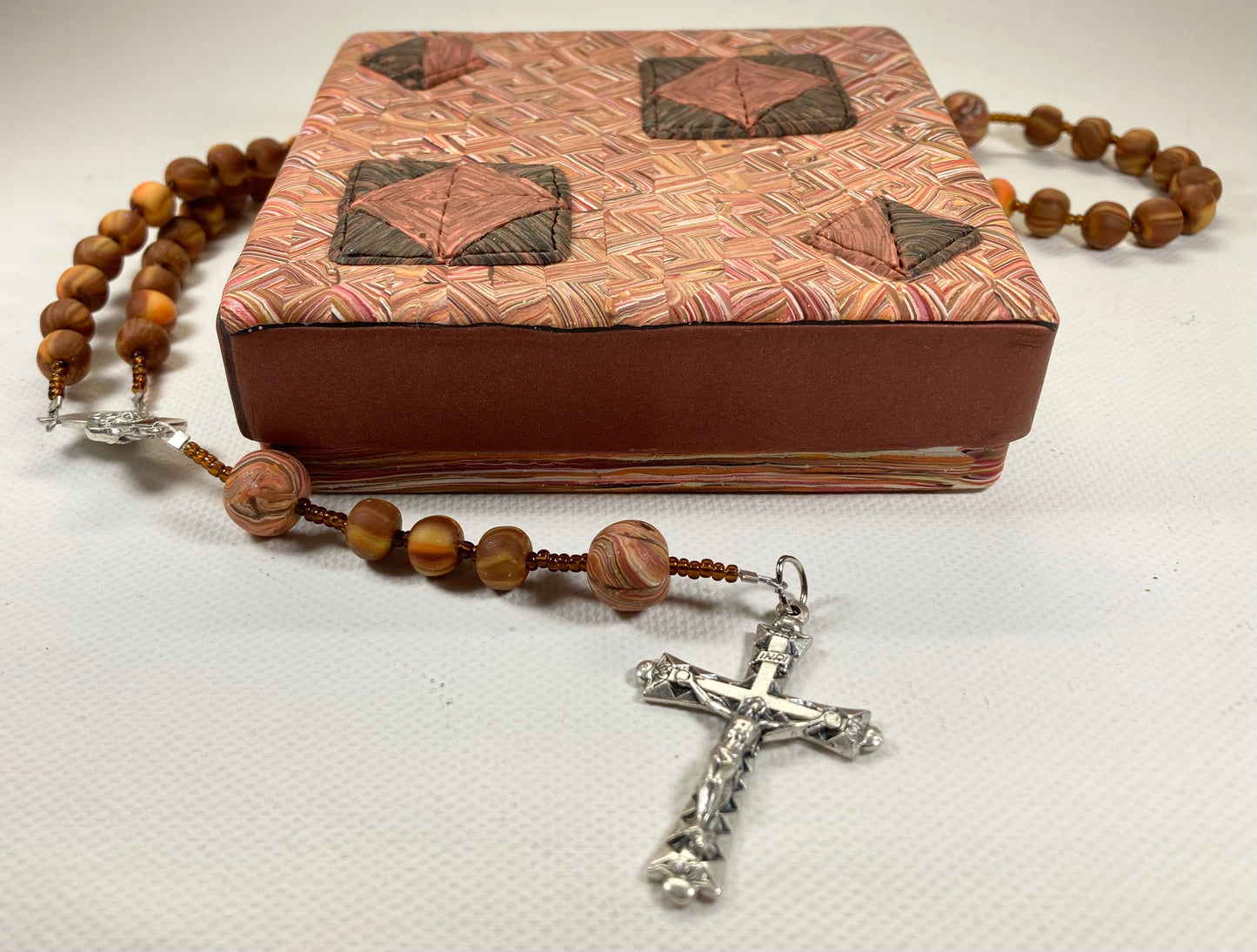 Dad’s Quilt Box and Rosary Set Orange and Bronze