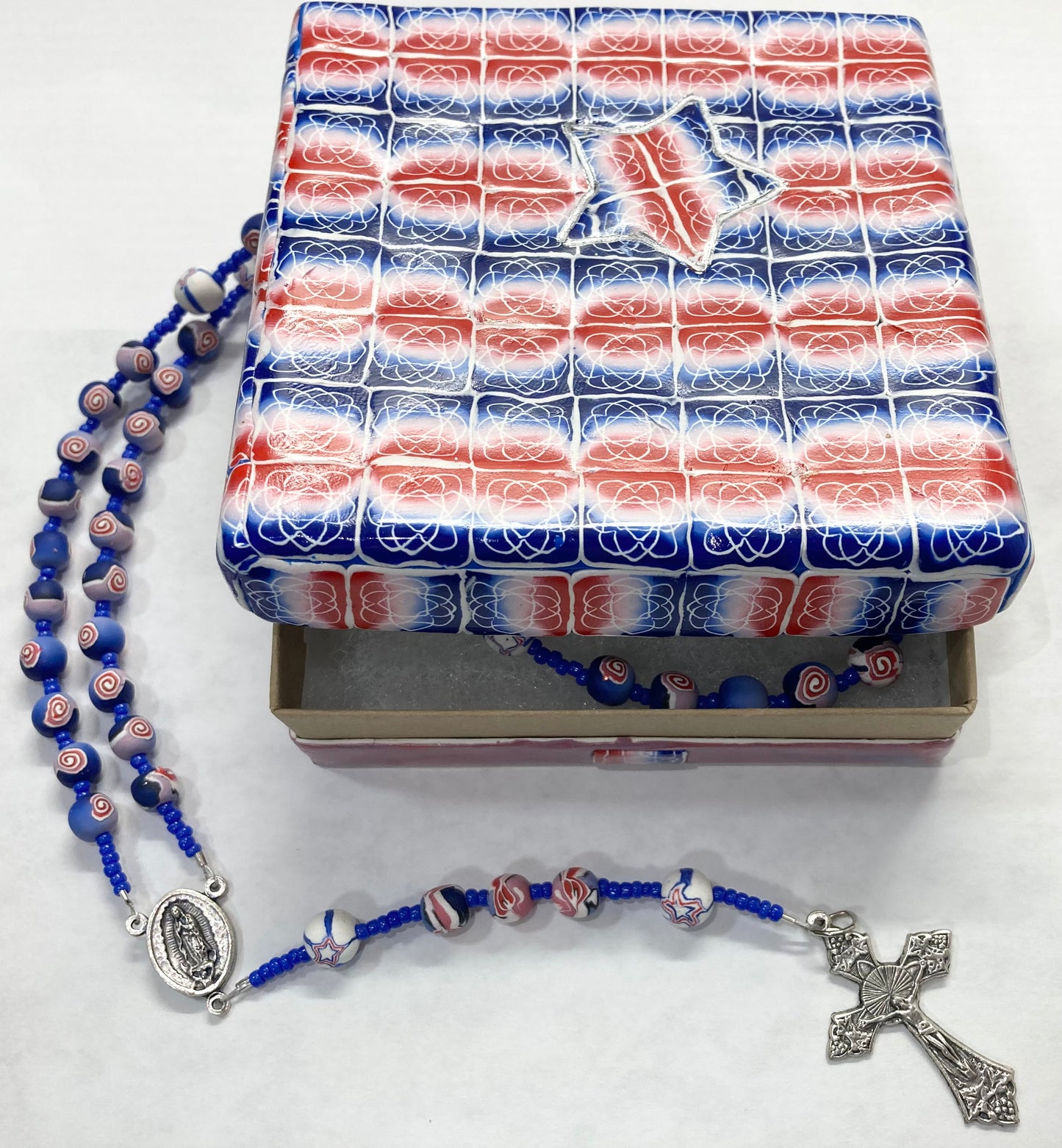 Red White and Blue Rosary and Box Set Tiled Pattern