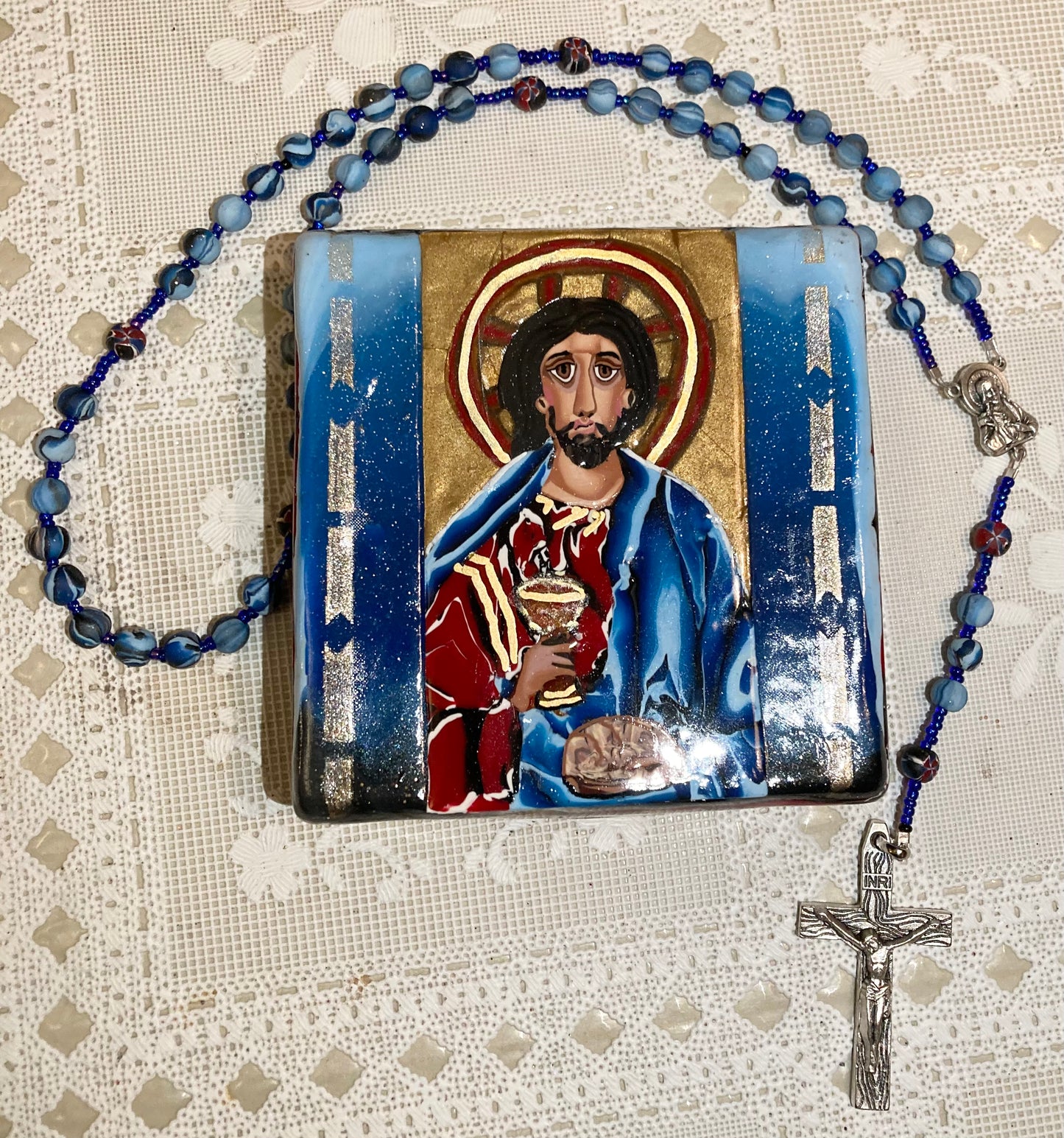 "Do This in Memory of Me" Iconic Image Rosary and Box Set Blue