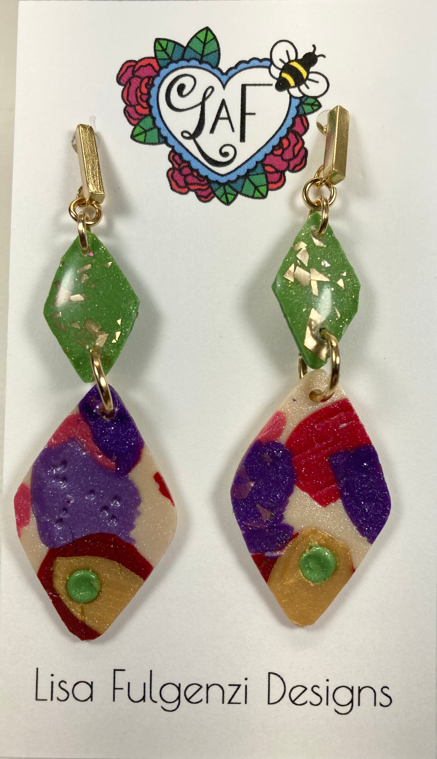 Holiday Vintage Colors Green Diamond Gold Post Earrings