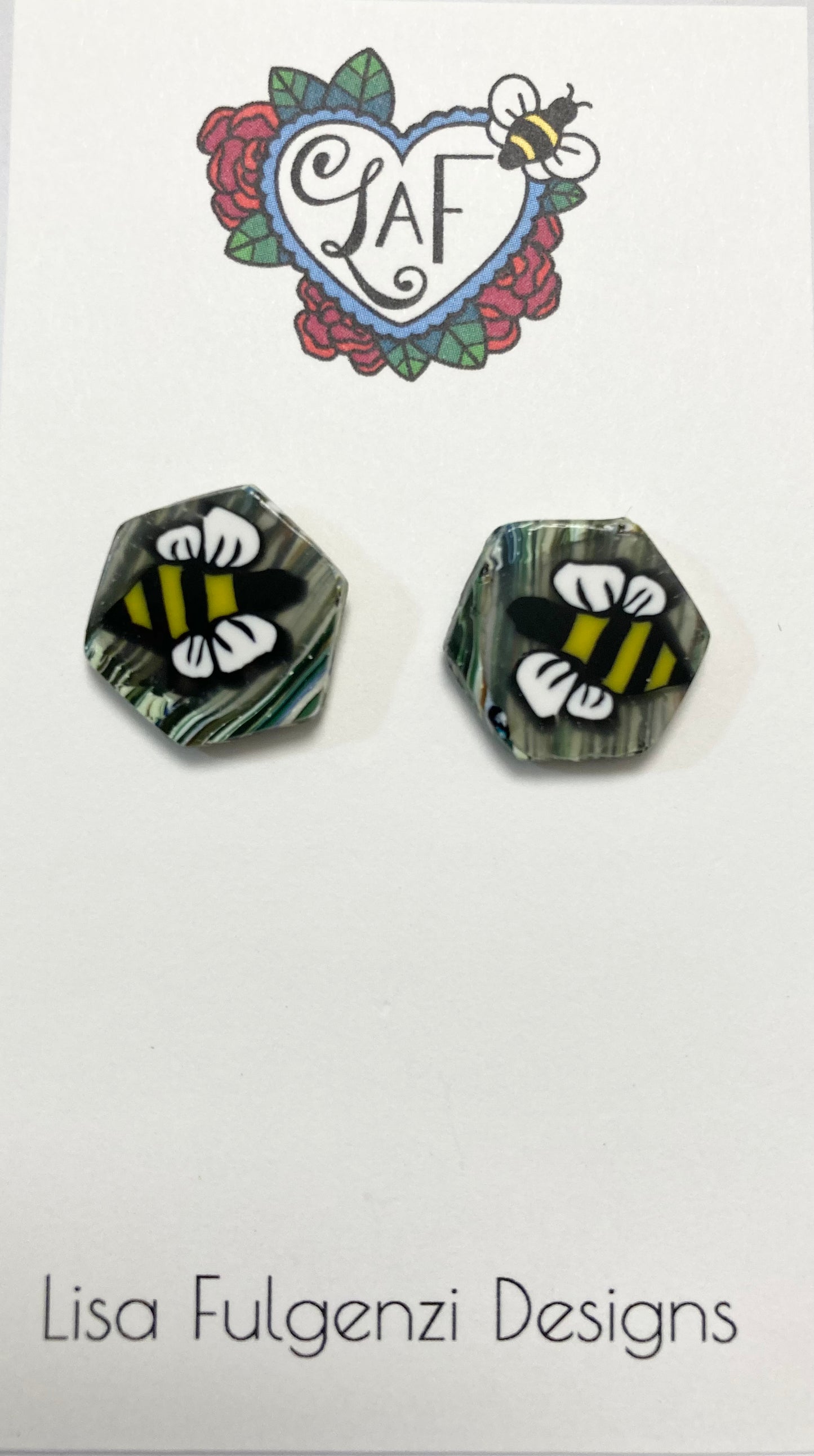 Bees Stripes and Swirls Hexagon Stud Post Earrings