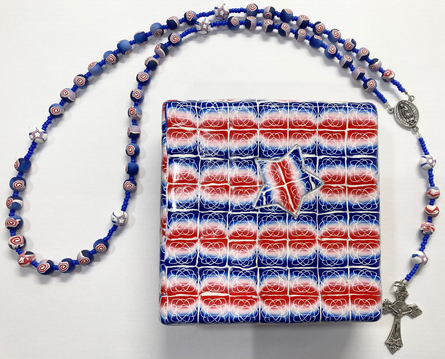 Red White and Blue Rosary and Box Set Tiled Pattern