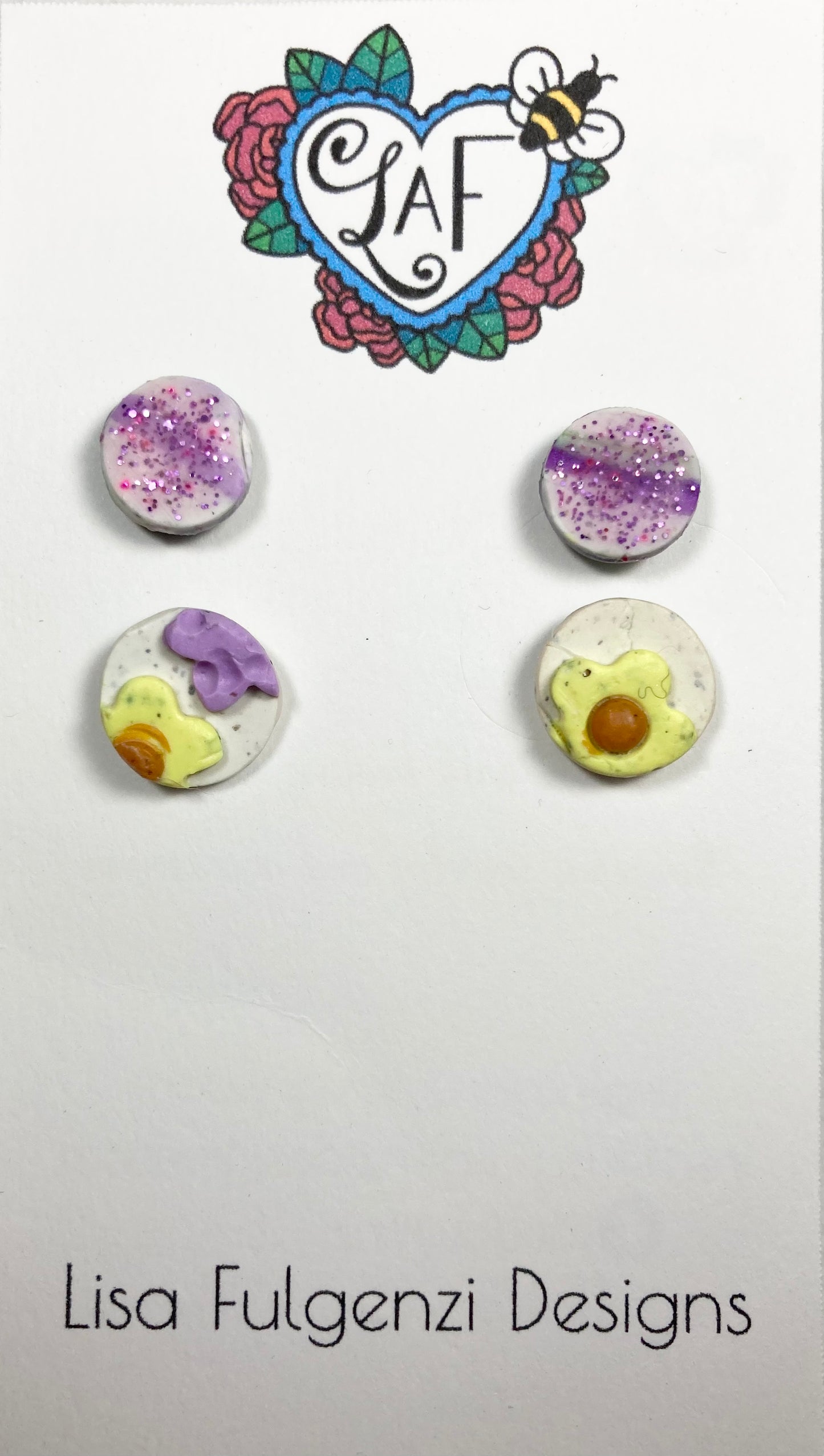Lavender and Yellow Flower Small and Stripes and Glitter Mini Stud Post Earrings Dual Pack