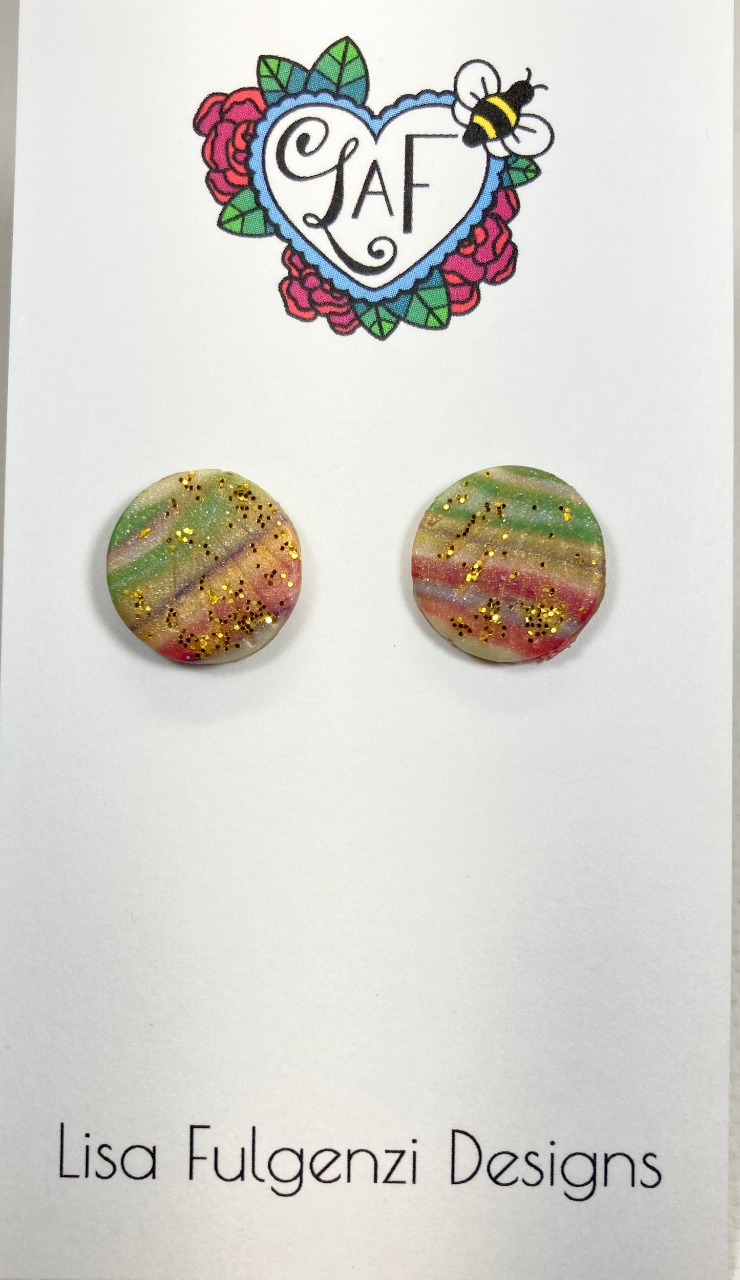 Holiday Vintage Colors Round Gold Sparkle Textured Post Earrings