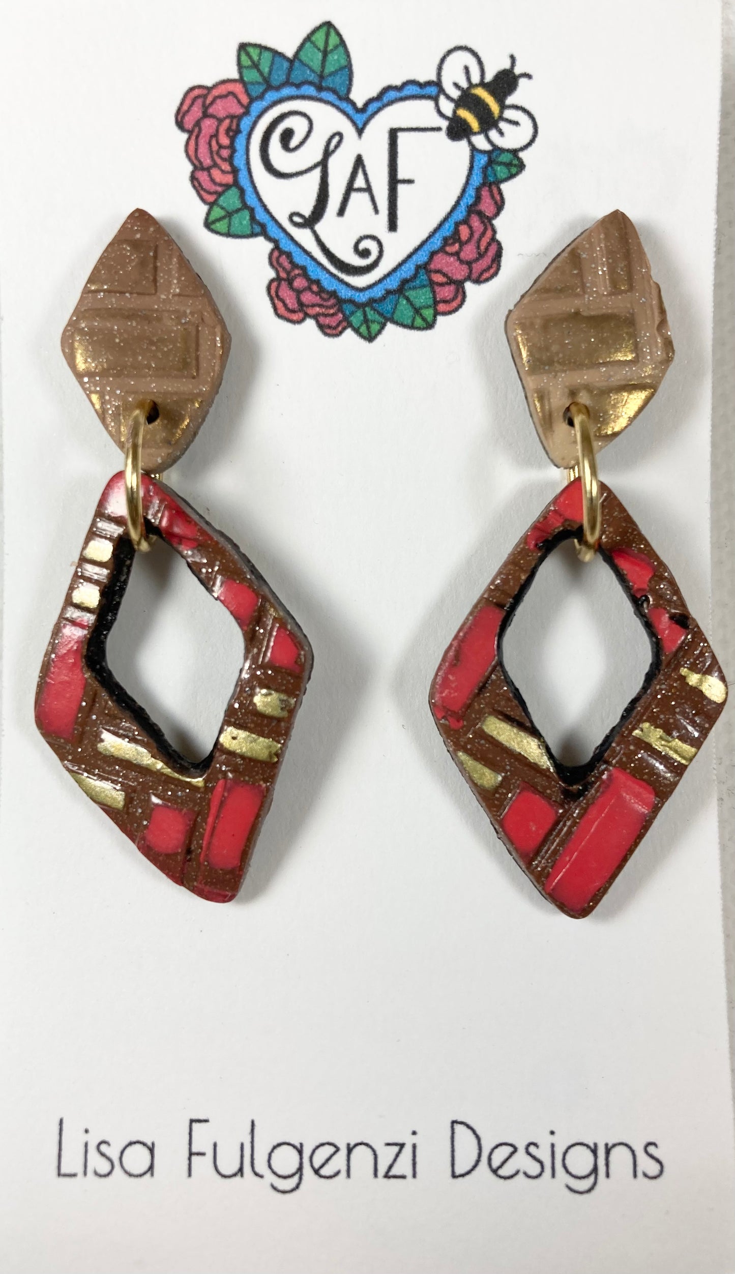 Glitter, Diamonds and Brick Gold and Red Medium Post Earrings