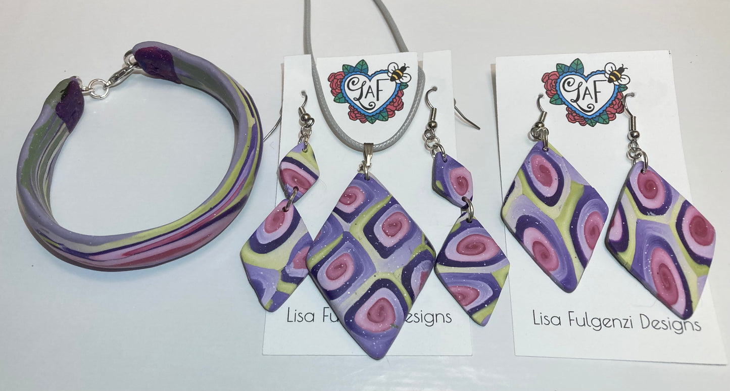 Diamond Green Purple and Pink Pastel Blend Large Earrings