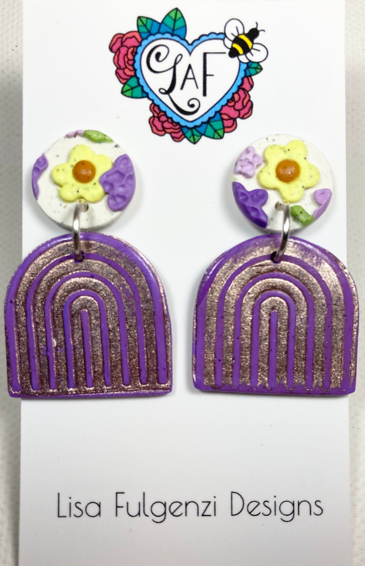Lavender and Yellow Flower with Foil Purple Rainbow Shape Post Earrings