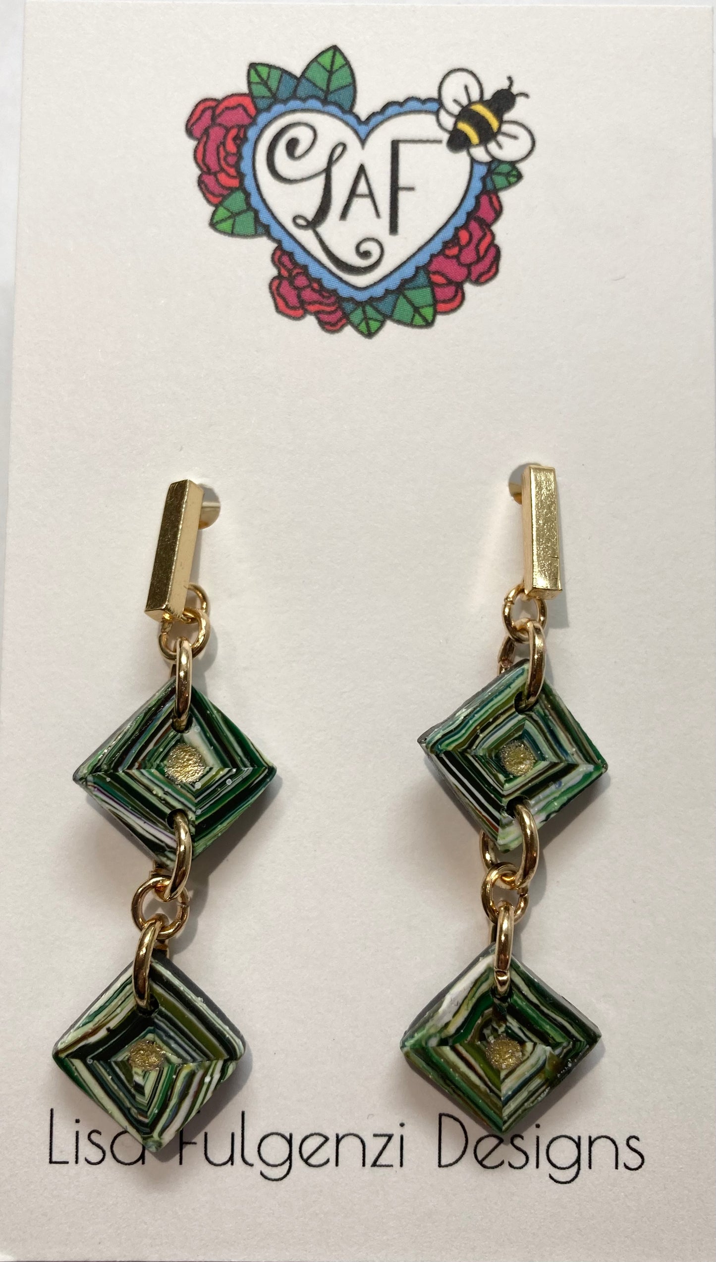 Green and Gold Quilt Square Small Post Dangle Earrings