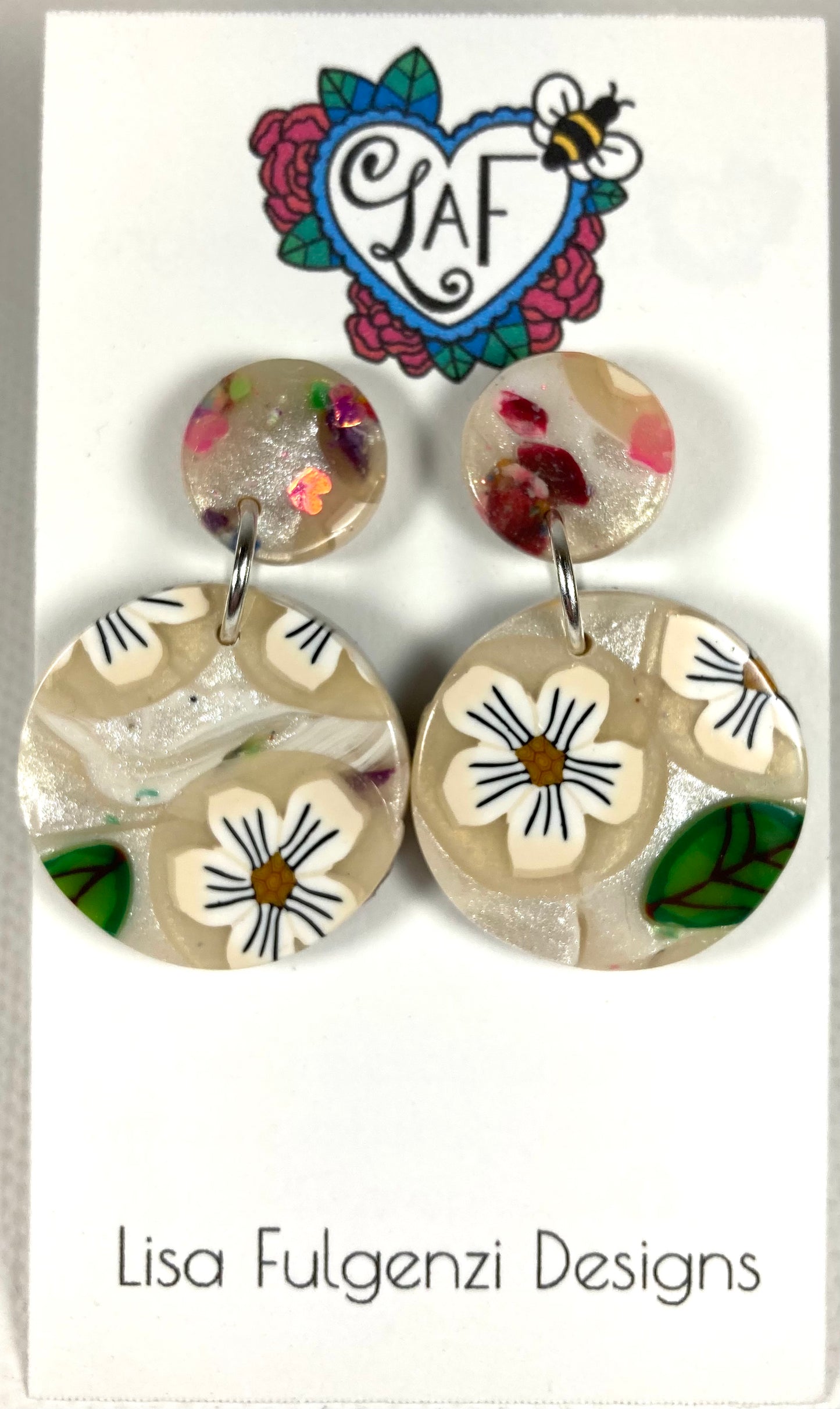 Multicolored Pearl Marble with Floral and Leaf Earrings