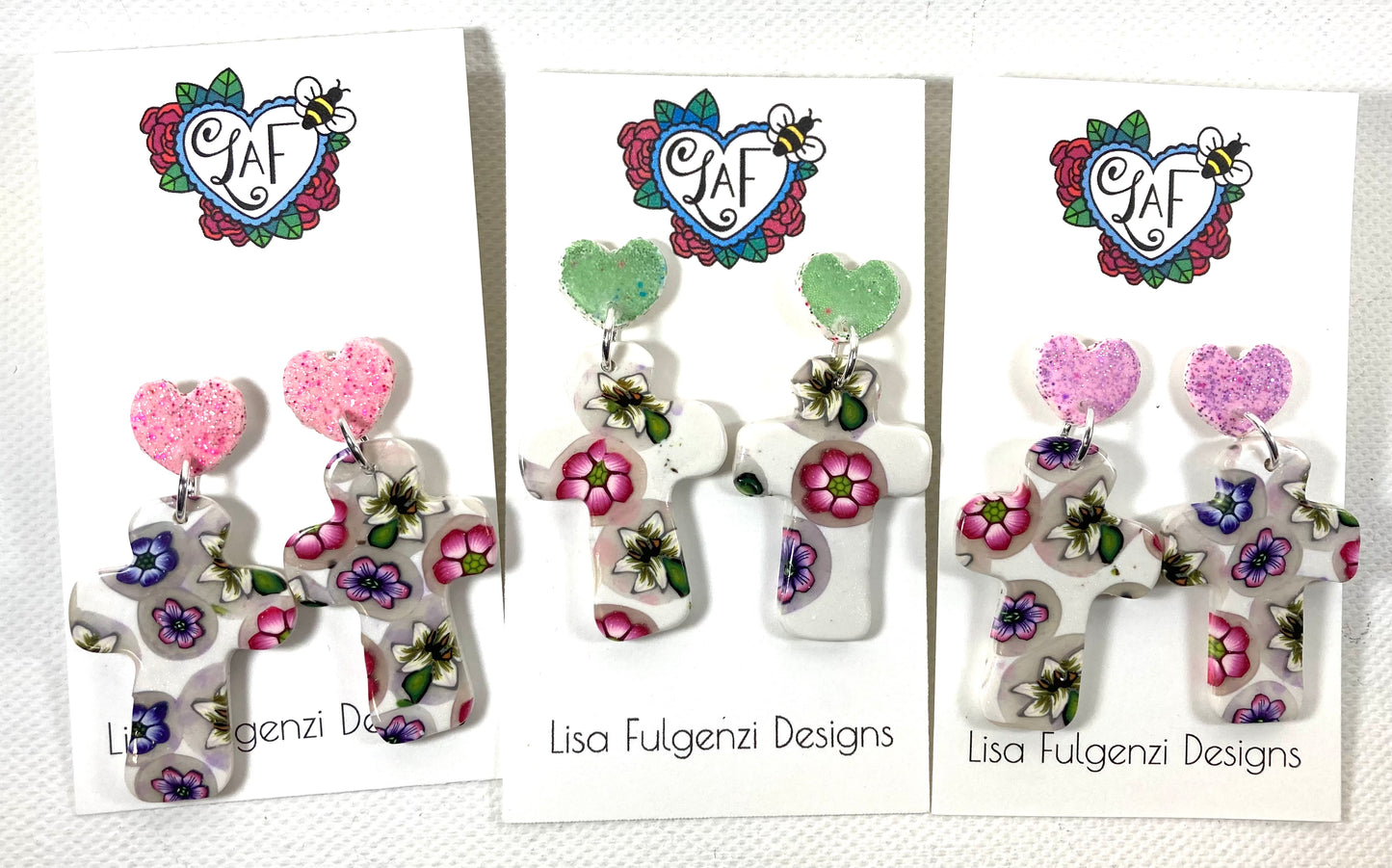 Glitter Pink Hearts and Floral Crosses Post Earrings
