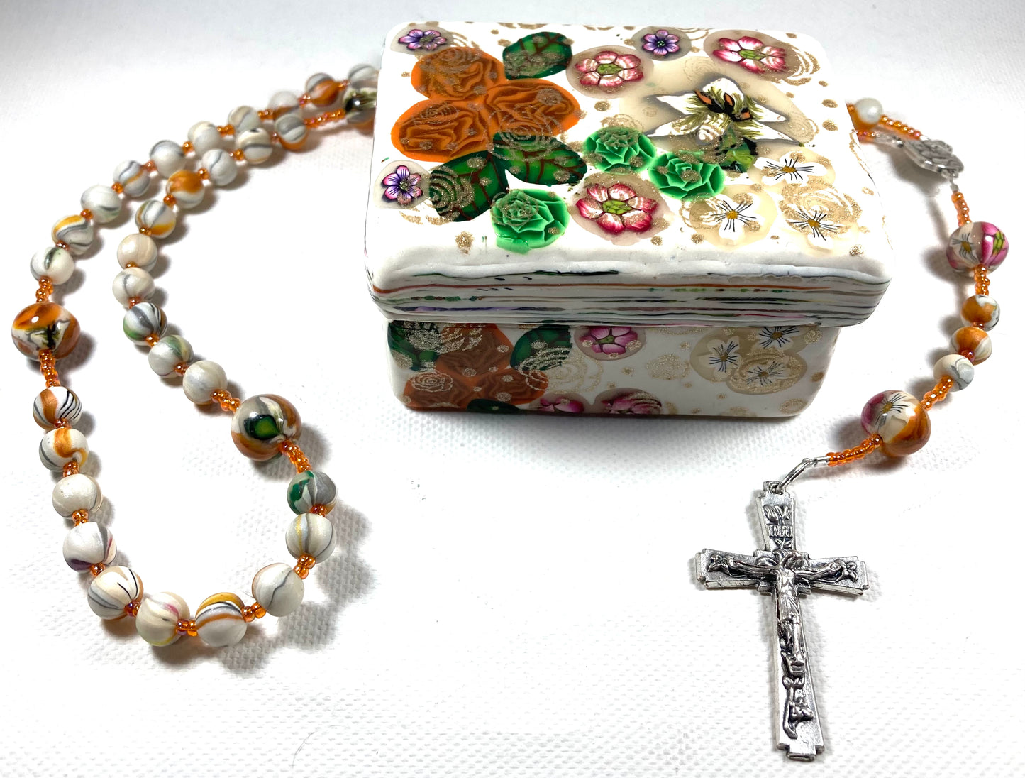 Orange and Green Roses and Lilly on Pearl Rosary and Box Set