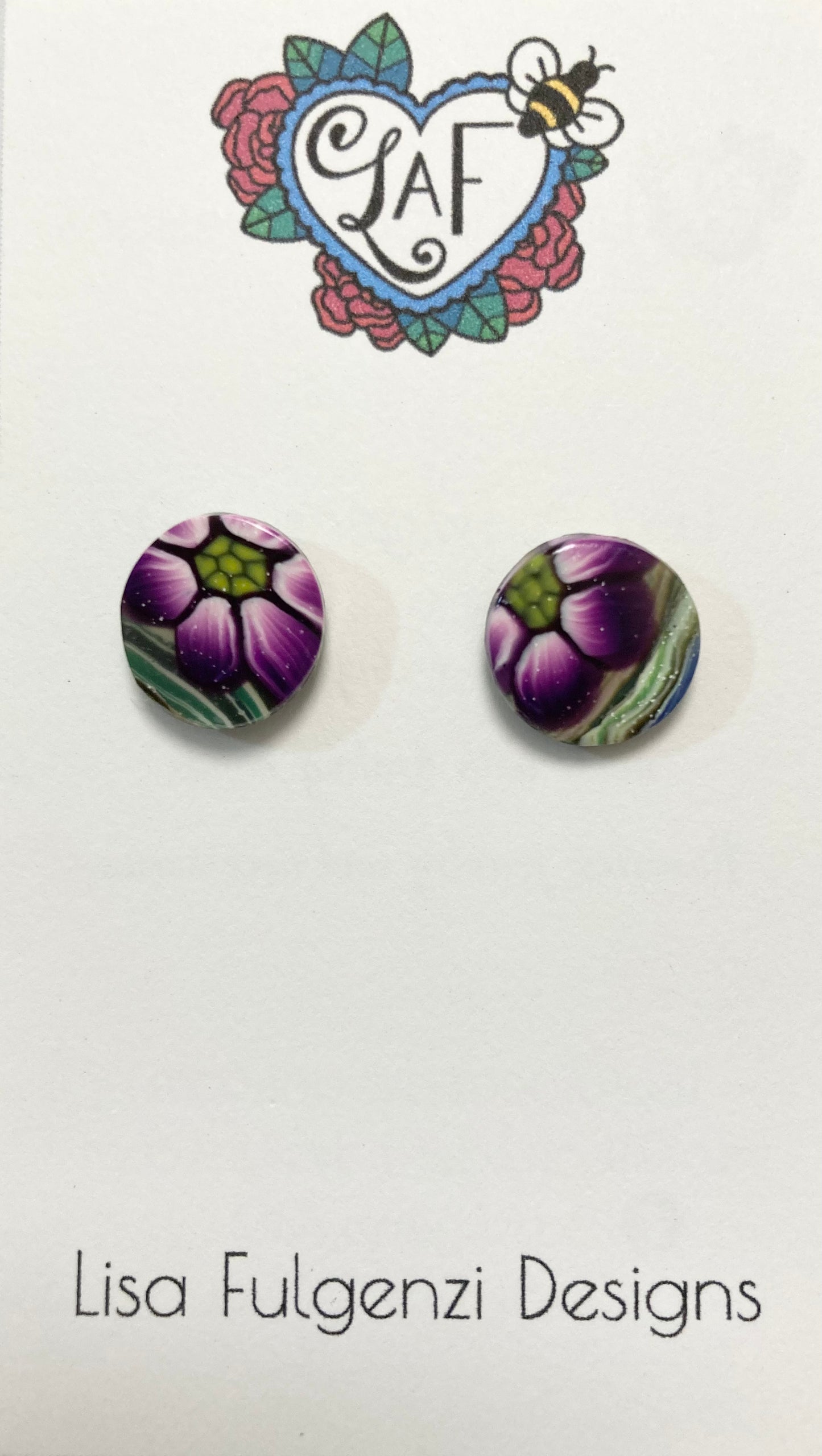 Floral Purple Stripes and Swirls Stud Earrings