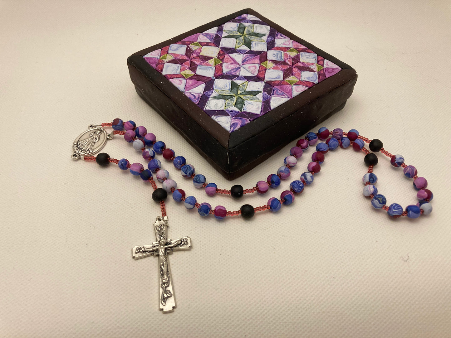 All Hallows Quilt Square Box and Rosary Set Purple and Pink