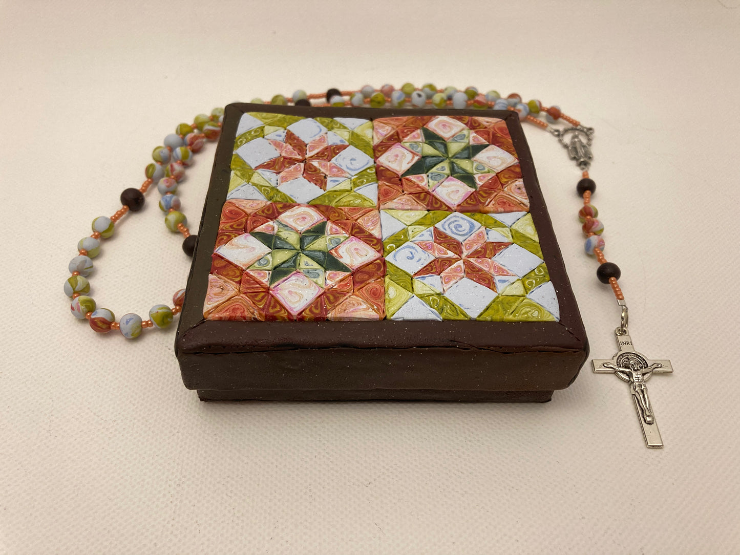 All Hallows Quilt Square Box and Rosary Set Orange and Yellow
