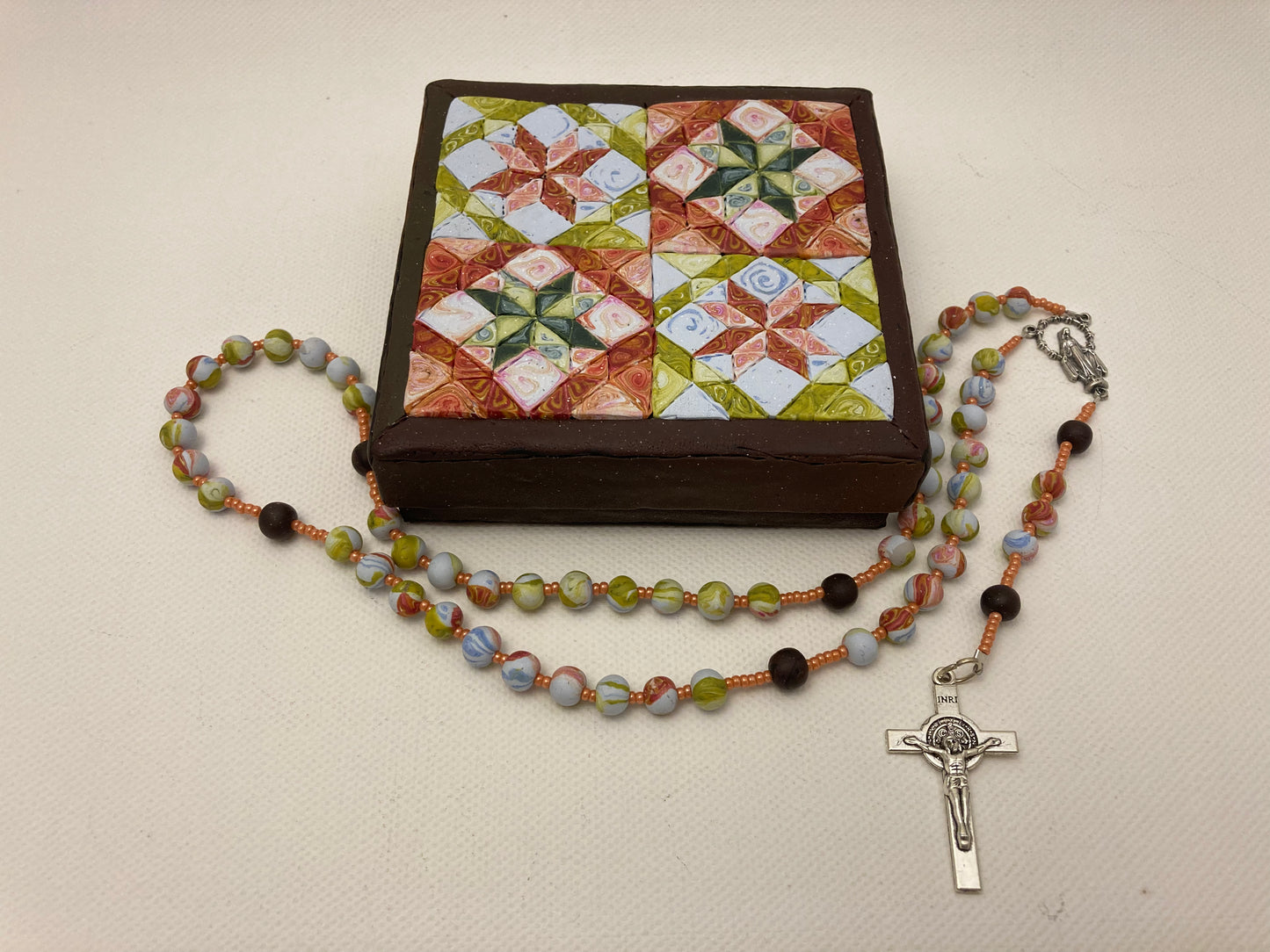All Hallows Quilt Square Box and Rosary Set Orange and Yellow