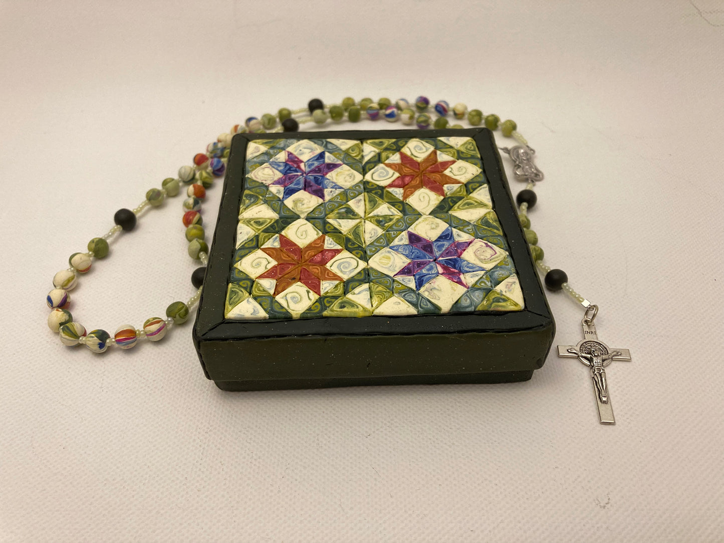 All Hallows Quilt Square Box and Rosary Set Green and Orange