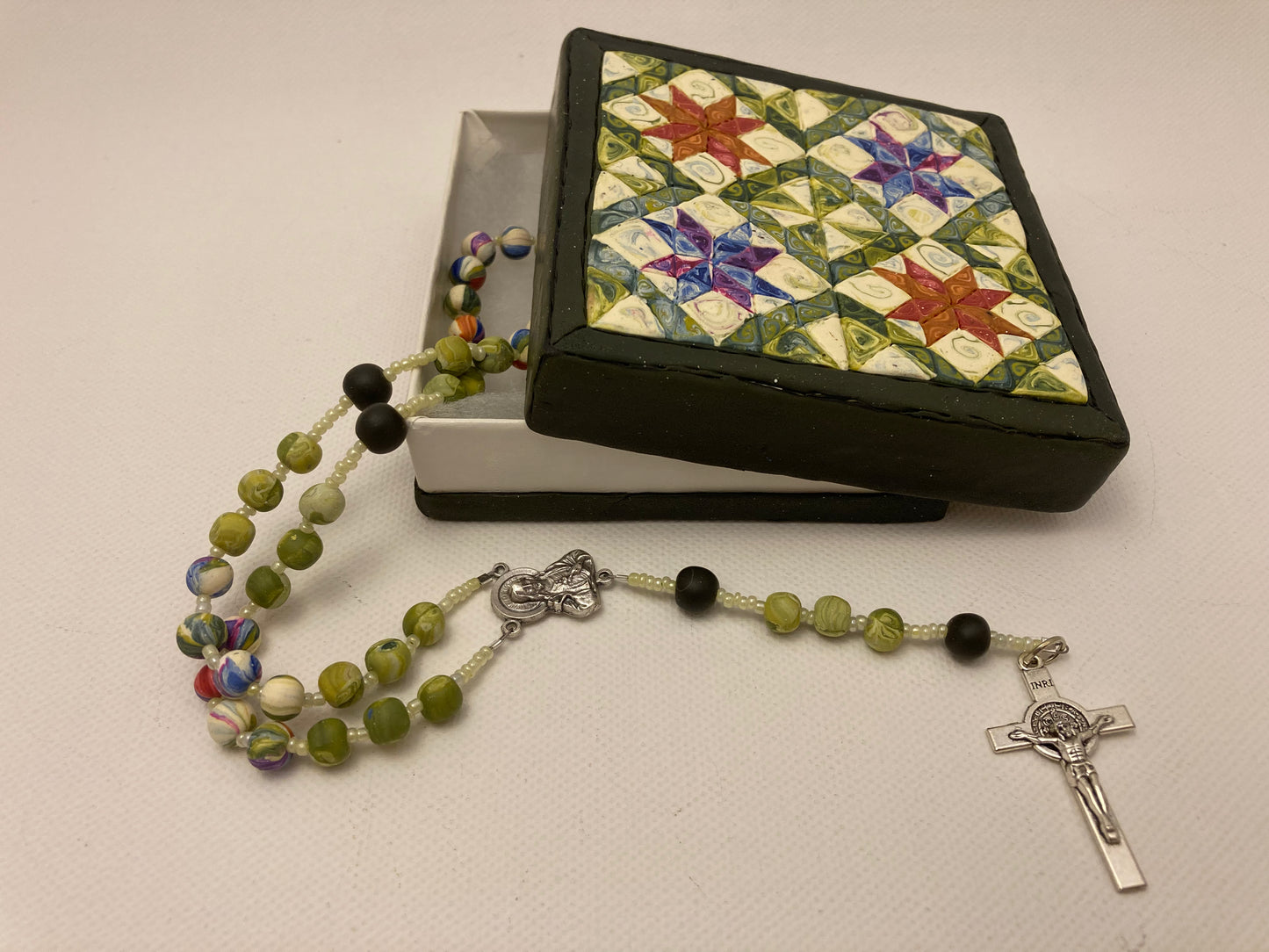 All Hallows Quilt Square Box and Rosary Set Green and Orange