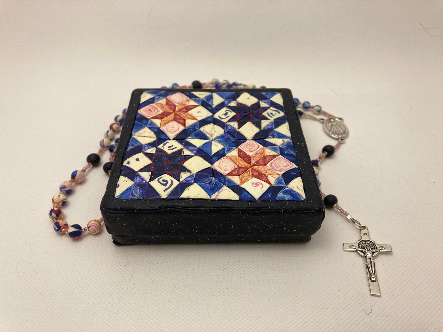 All Hallows Quilt Square Box and Rosary Set Peach and Blue